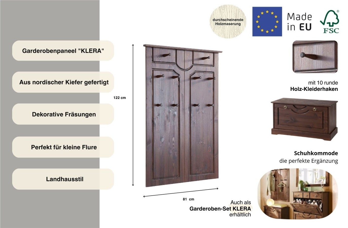 GOODproduct Panneau de vestiaire »Klera« Mit 10 Kleiderhaken, aus massiver Kiefer