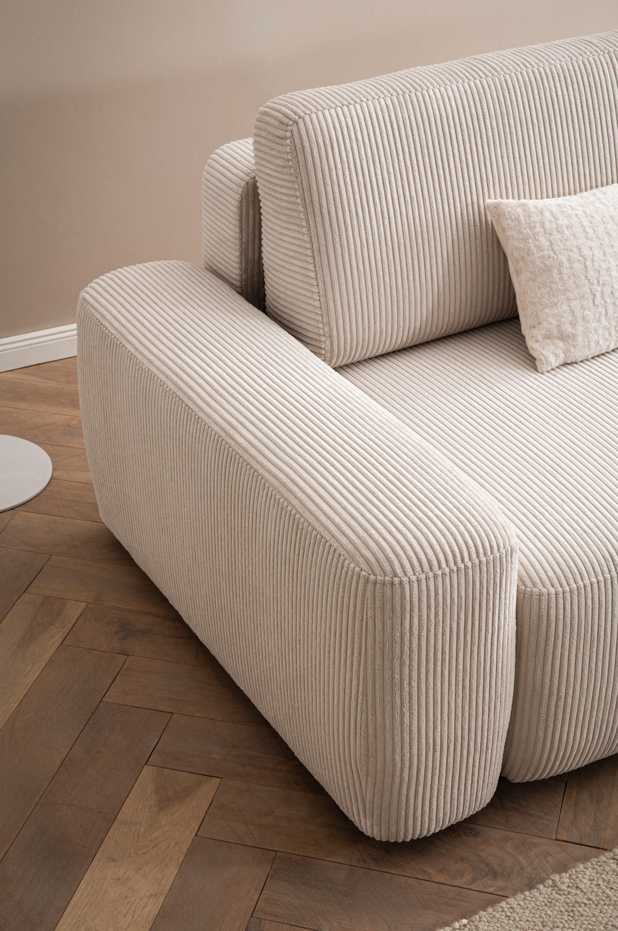 INOSIGN 3-Sitzer »TORGE (257cm), Sofa,Schlafsofa in Cord, Samtvelours, Struktur fein«, rundes Design, Schlaffunktion u. Bettkasten, Liegefläche: 135/200 cm