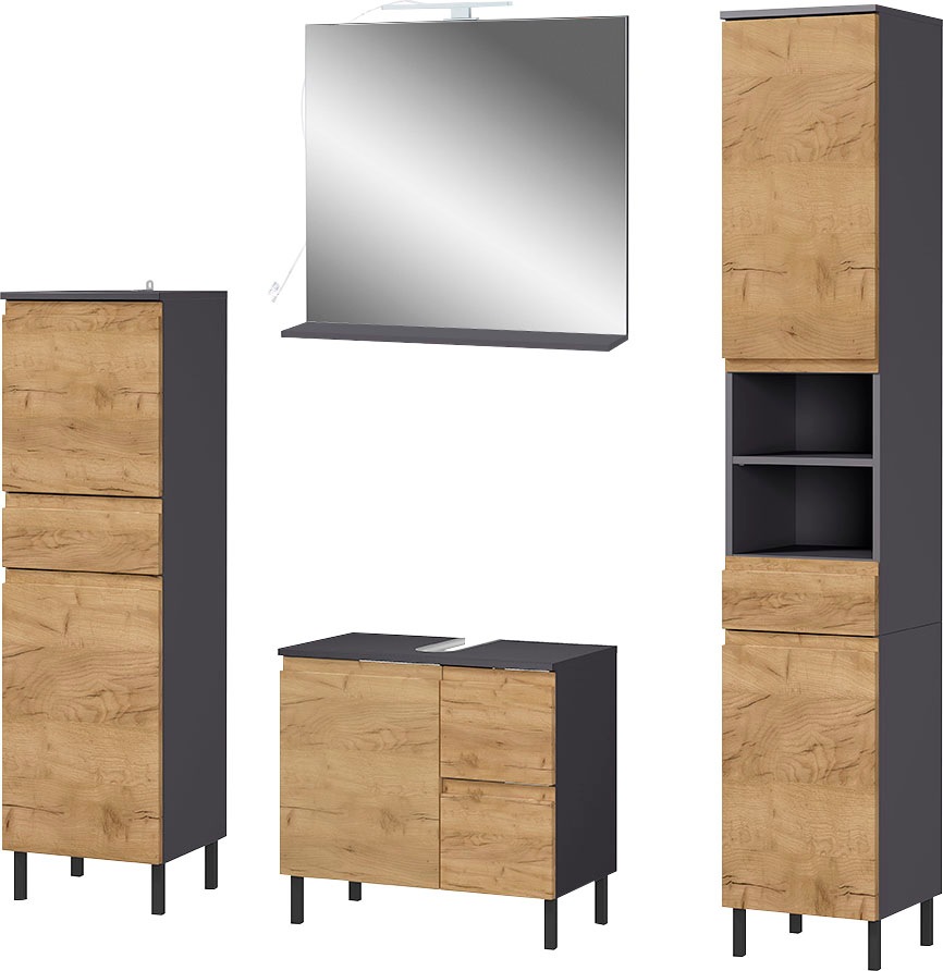 Image of GERMANIA Badmöbel-Set »Scantic«, (Set, 4 St.), aus Midischrank, Spiegel, Waschbeckenunterschrank, Hochschrank, inklusive Beleuchtung, grifflose Optik, MDF-Fronten bei Ackermann Versand Schweiz