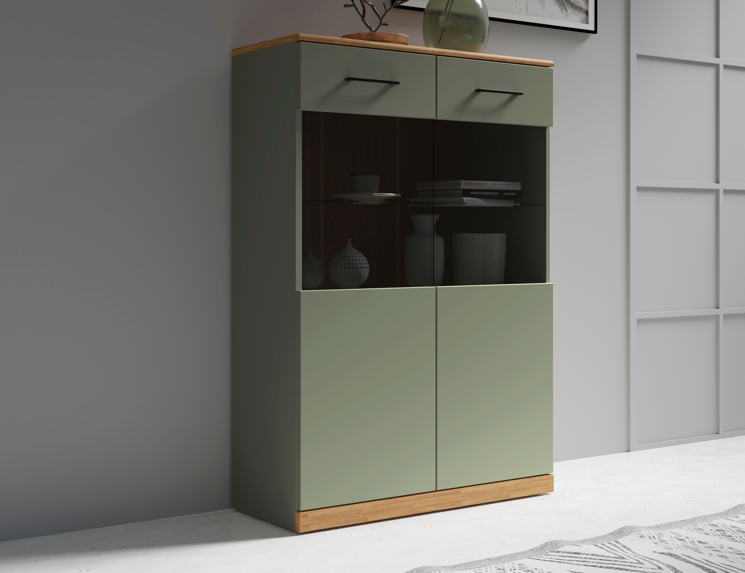 Image of GOODproduct Highboard "Ribe,125cm hoch,87cm breit,4 breite Fächer" Oberplatte Eiche massiv,dunkles Glas, schwarze Metall Griffe