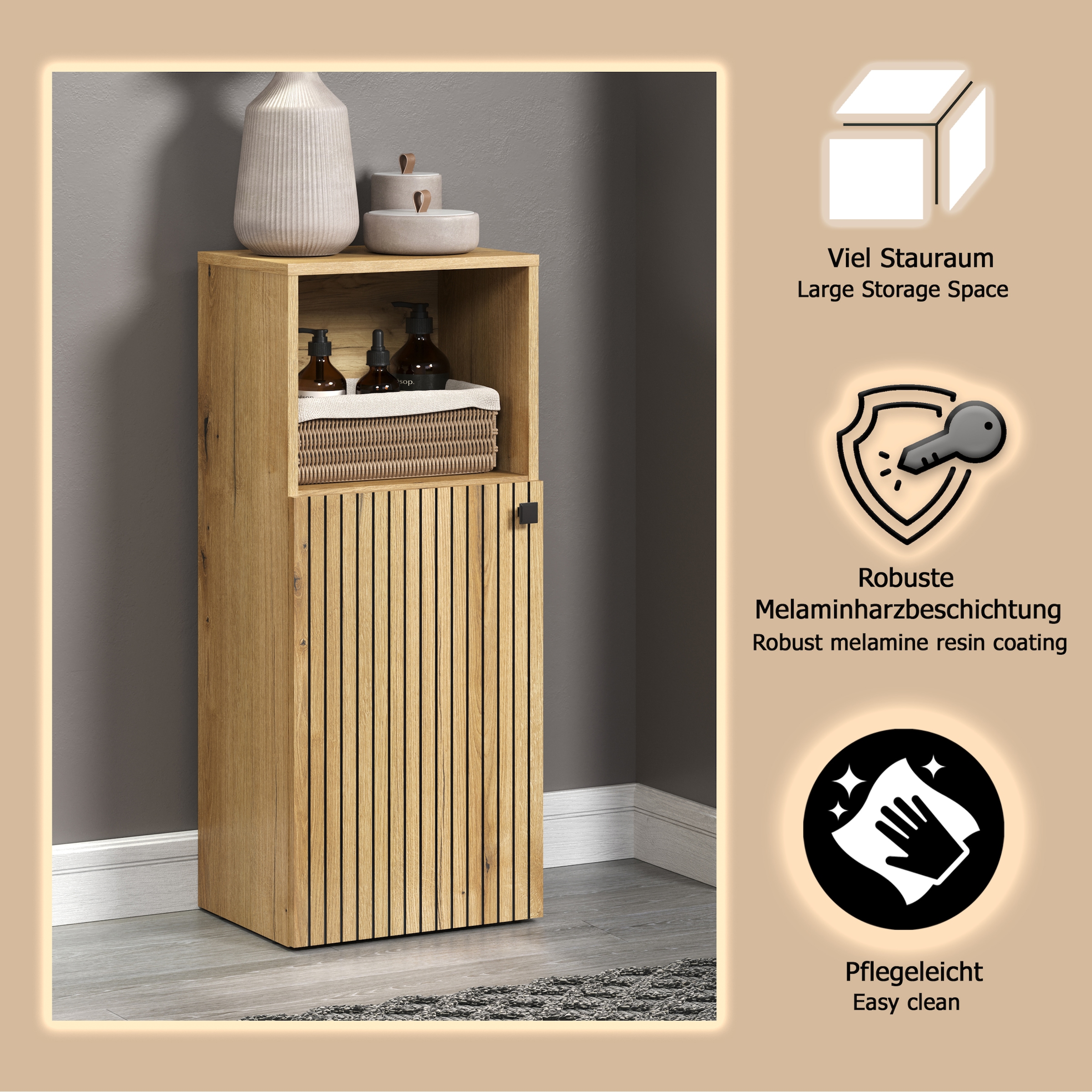 welltime Unterschrank »Amrum«, (1 St.), Badschrank mit offenem Fach und Rillenoptik - Masse (B/T/H) 40/31/95 cm