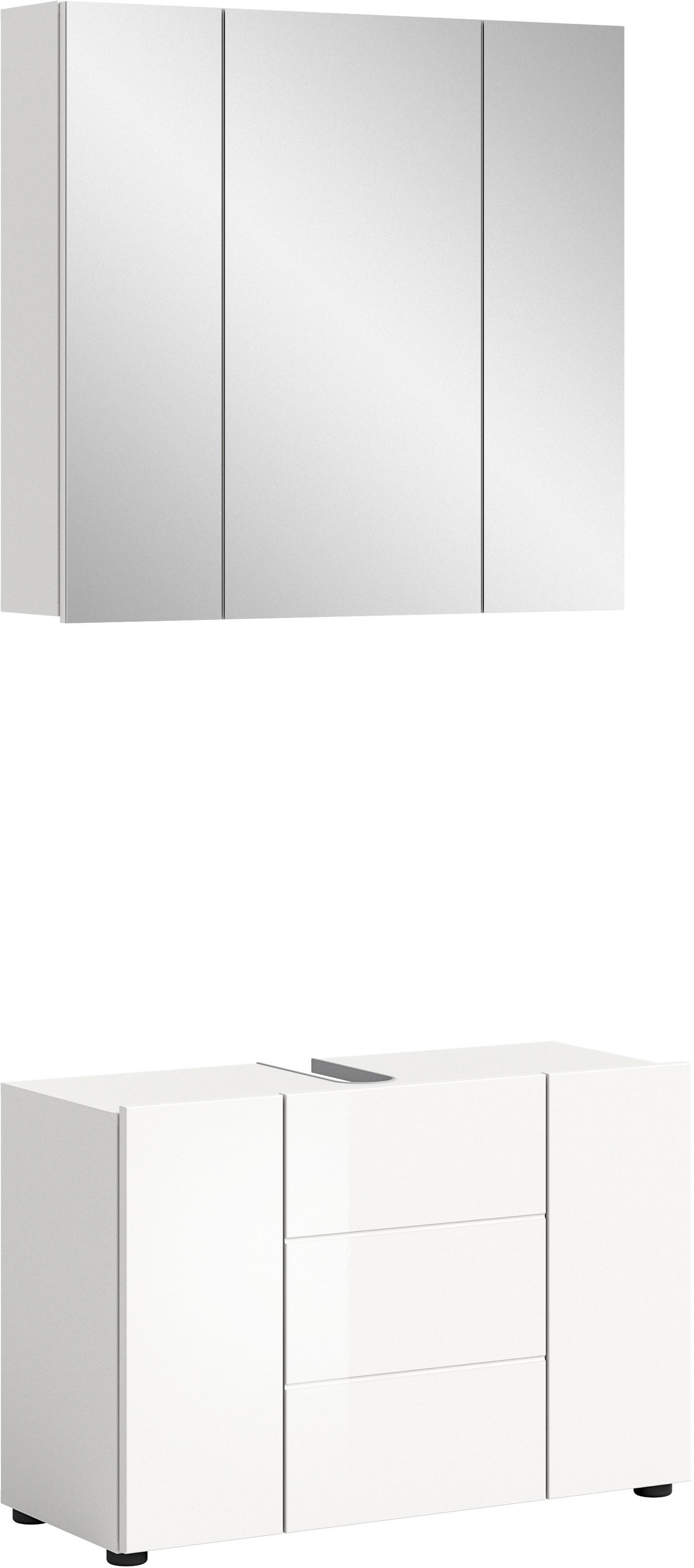 welltime Badmöbel-Set »BIEL, TOPSELLER!, 2 teilig, hochwertige MDF Front, Rillenoptik« 2 teiliges Set, bestehend aus: Waschbeckenunterschrank, Spiegelschrank, 2 Stk. tlg.