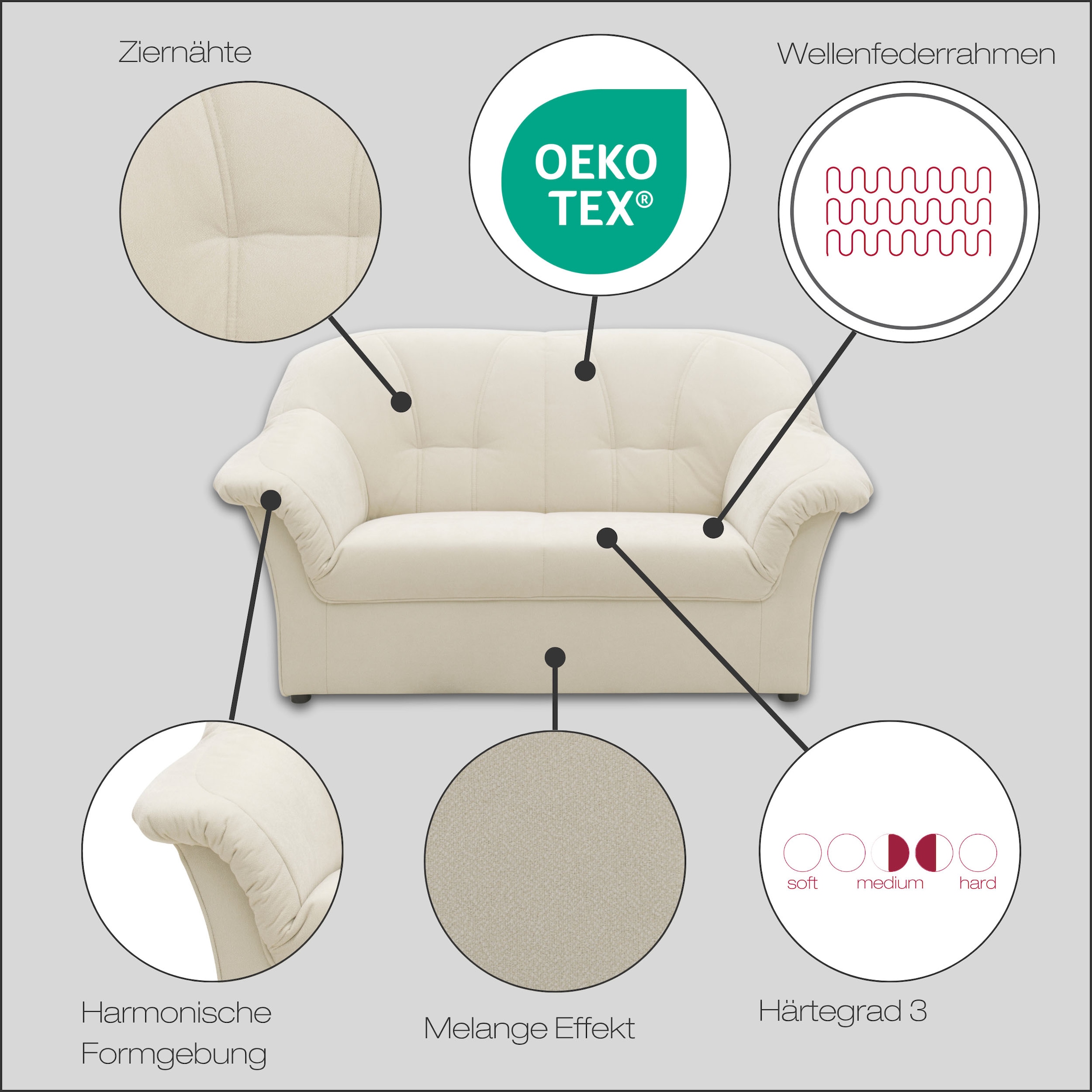 DOMO collection 2-Sitzer »Pegnitz, zeitlos, elegante Armlehnen, komfortabel, Breite 155cm«