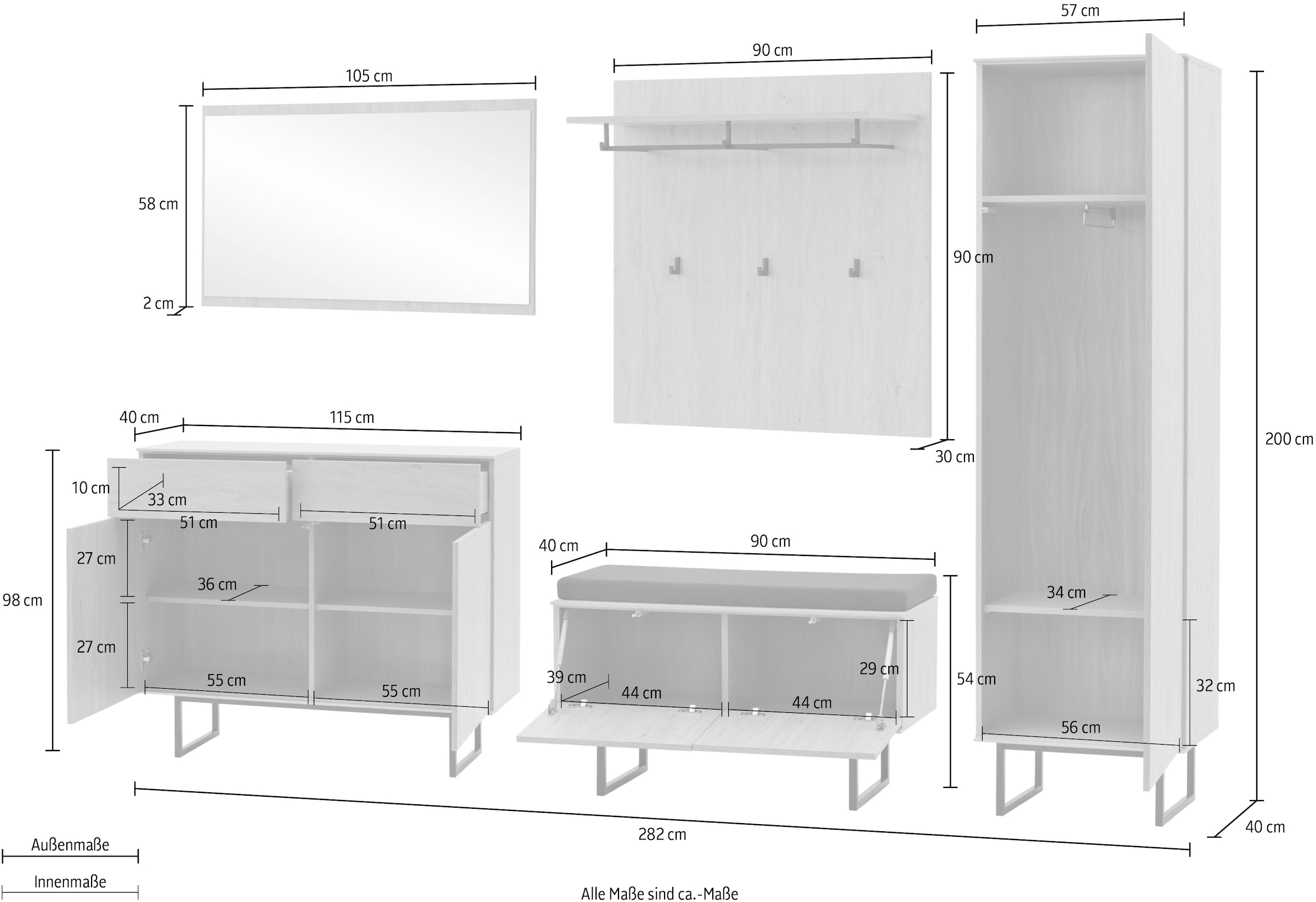 Home affaire Garderoben-Set »Lund, moderne Garderobe, Komplettset mit viel Stauraum« Set, 5 Stk. tlg.