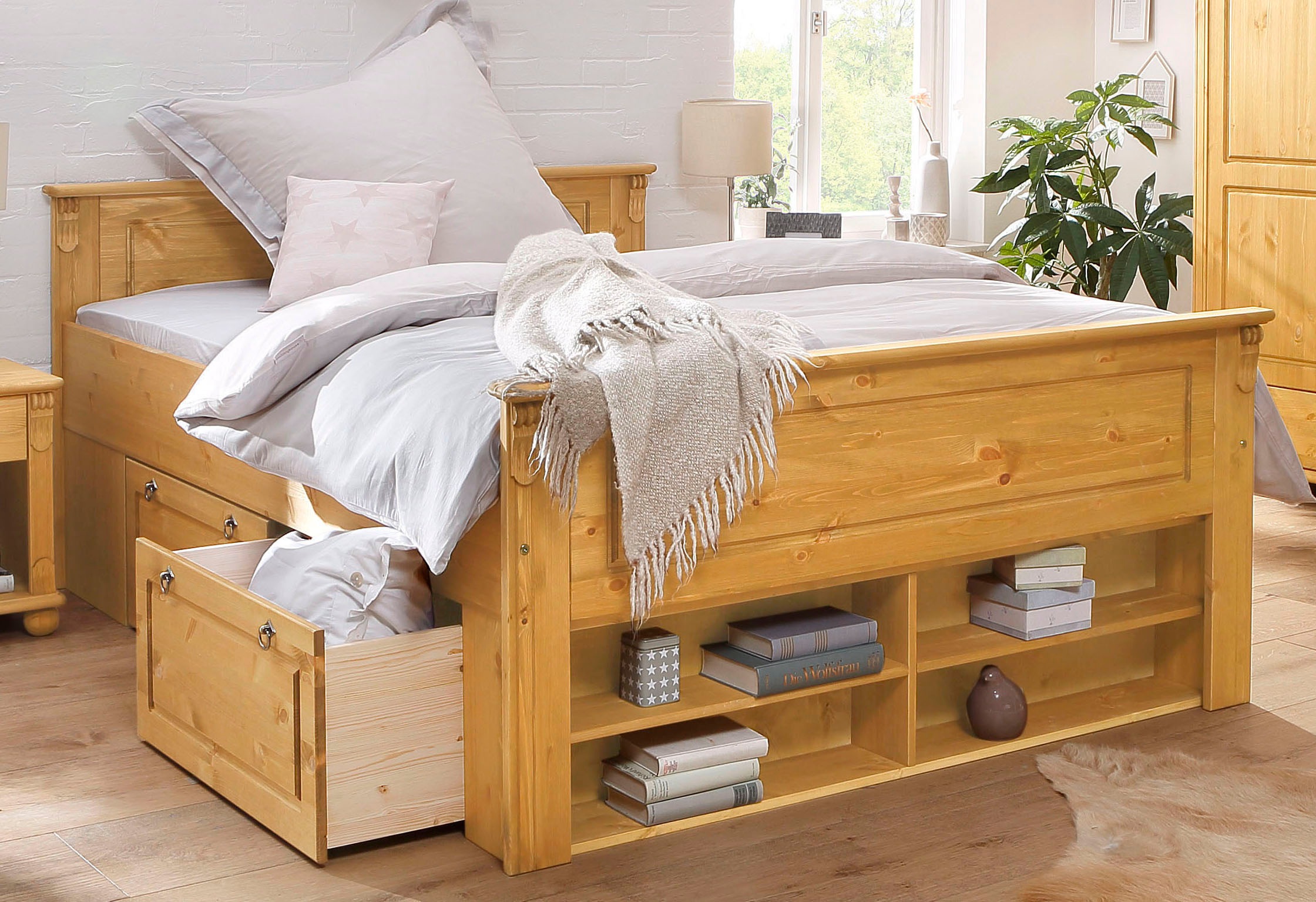 Image of GOODproduct Massivholzbett "Tessin, Stauraumbett, Landhausstil, Schubladen optional, rustikal" Breite/Belastbarkeit 180cm/220 KG, 140cm/180 KG, zertifizierte Kiefer, Kassetten-Optik, stabile Qualität