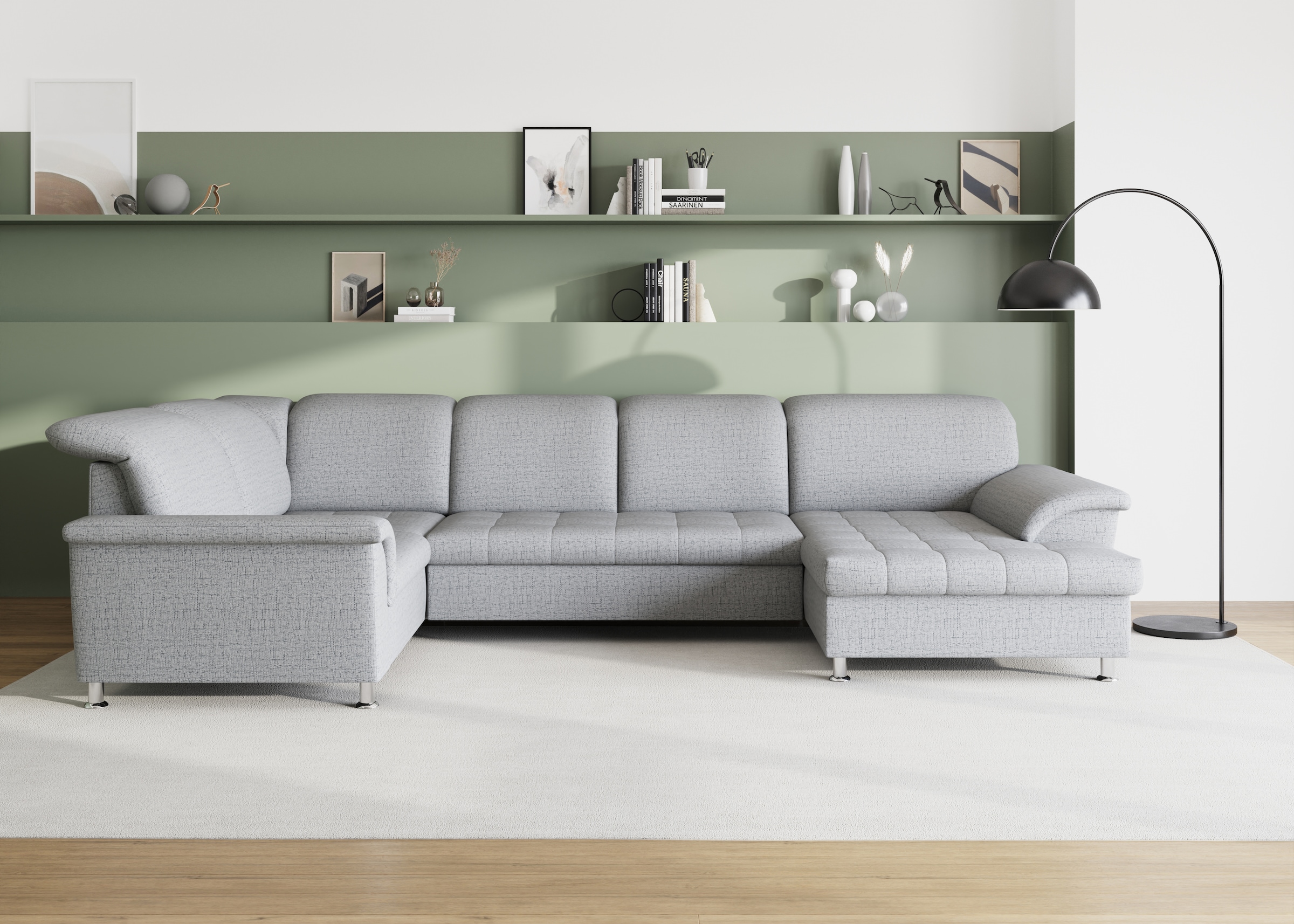 Image of DOMO collection Wohnlandschaft "FRANZI optional mit Bettfunktion, Bettkasten & Kopfteilverstellung" U-Form, Recamiere rechts, silber, B/T: 352/214 cm