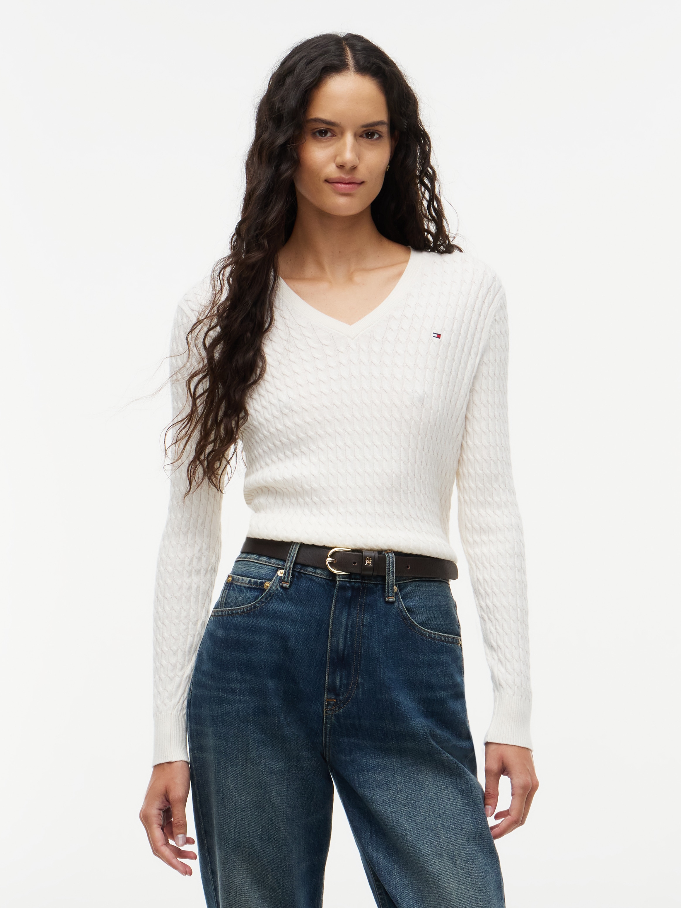 Image of Tommy Hilfiger Strickpullover "CO CABLE FINE GG V-NK LS SWT" Baumwolle, mit Zopfmuster