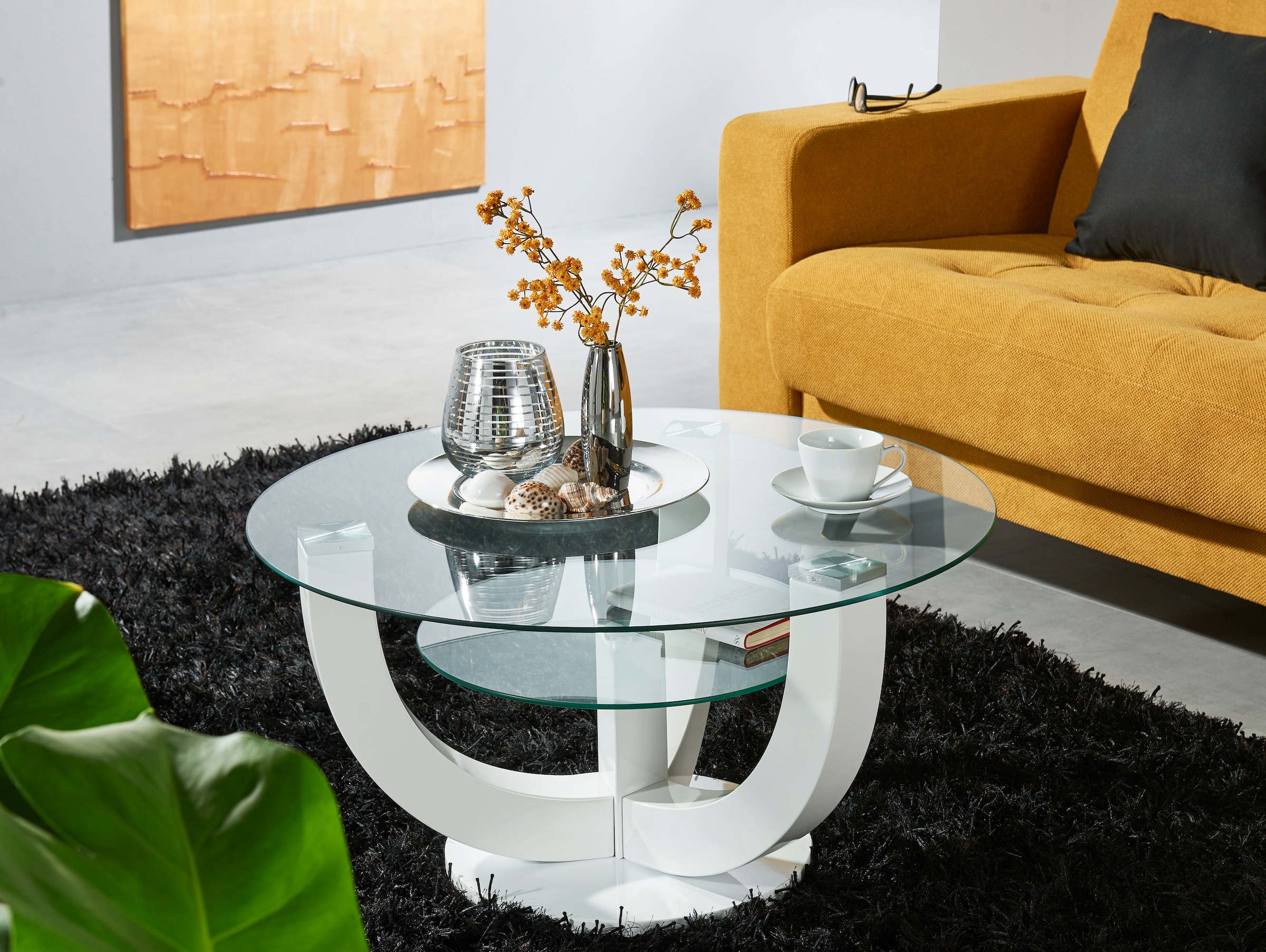 HBZ Couchtisch »Denver, TOPSELLER!«, (Couchtisch), rund mit Glas, Tisch -Gestell weiss hochglanz