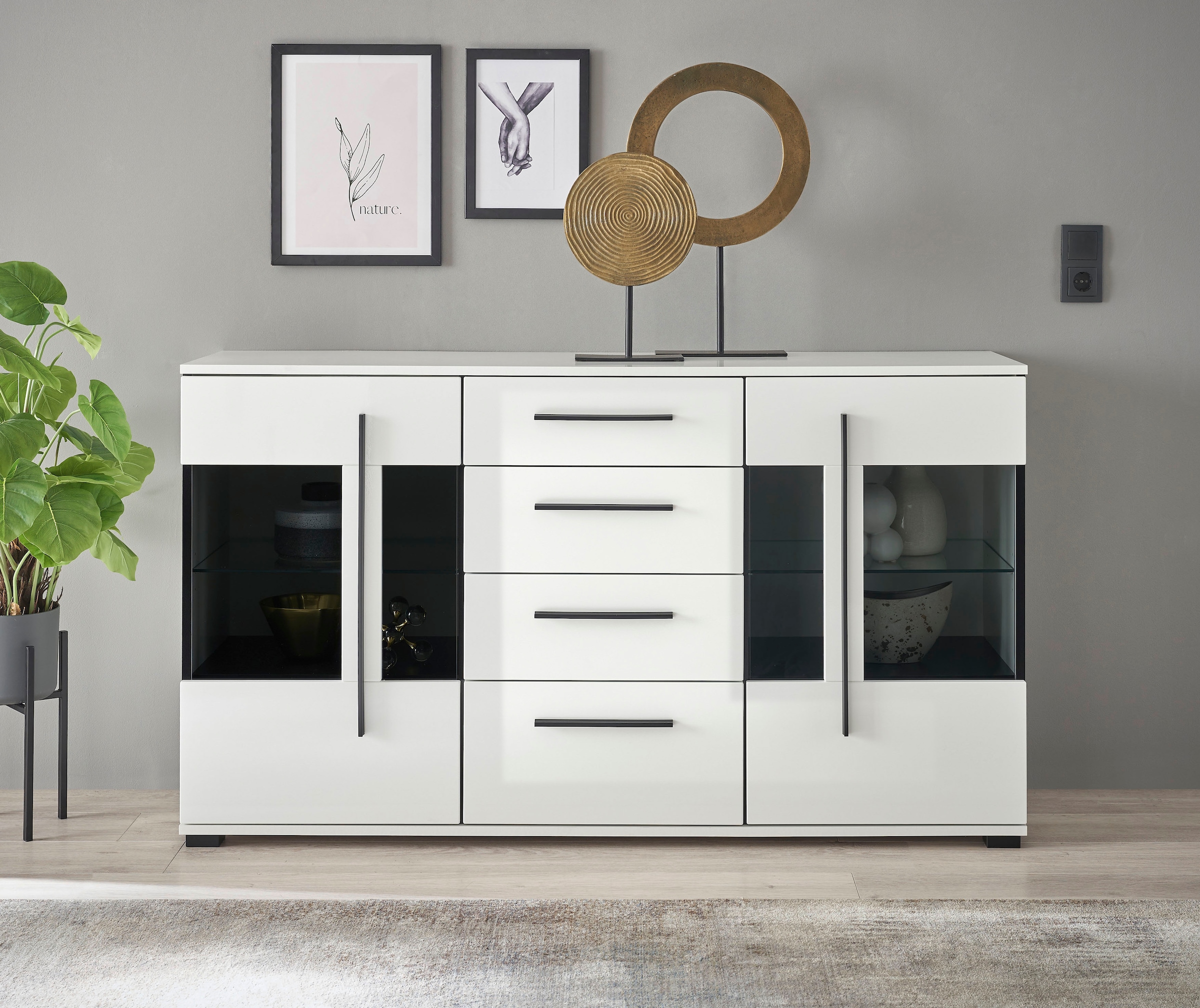 Image of Home affaire Sideboard "Cantara, moderner Schrank, Kommode in Eiche Evoke oder weiss" schwarze Stangengriffe, ausreichend Stauraum, Hochglanz Front