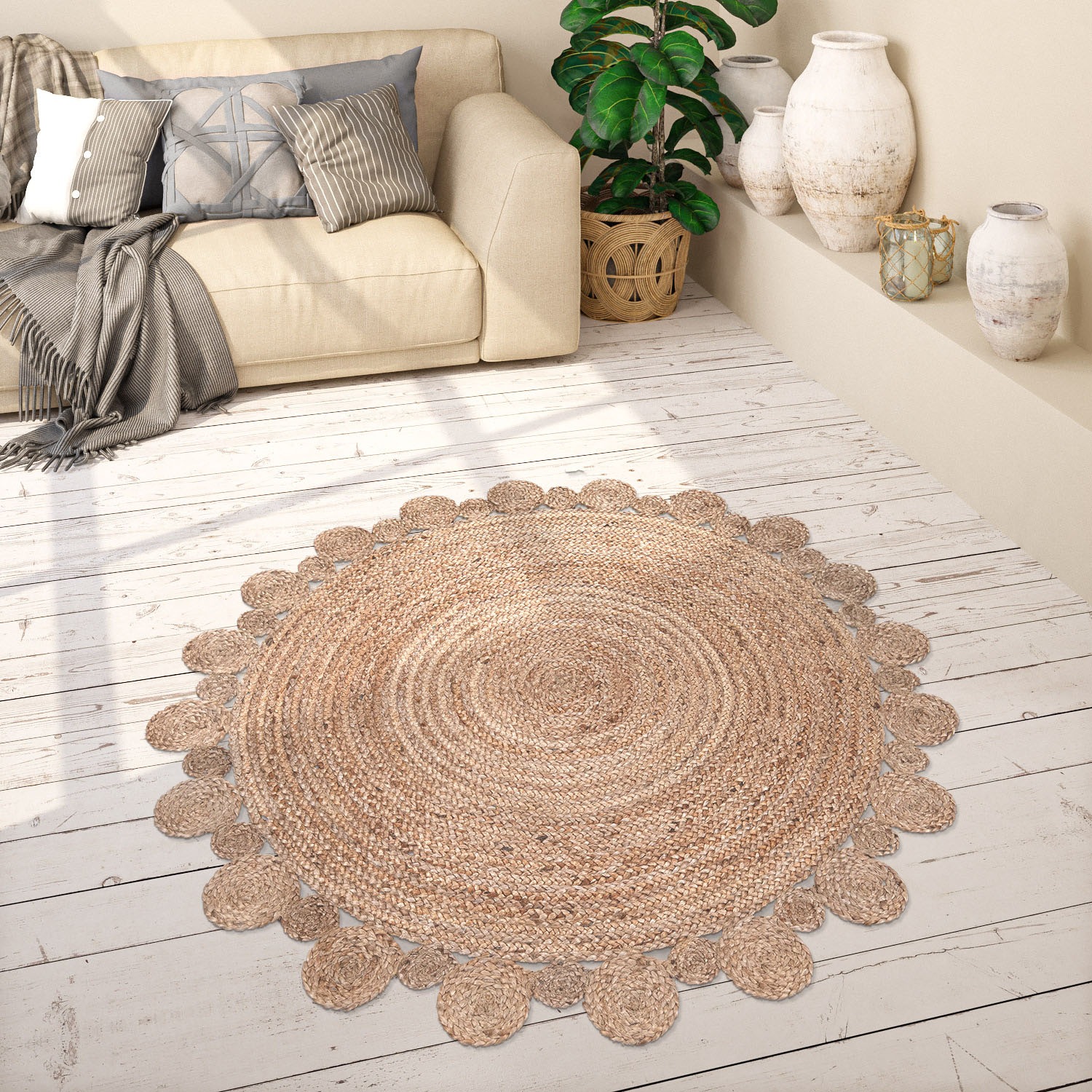 Image of Paco Home Teppich "Viborg 592" rund 13 mm Höhe handgefertigter Natur-Teppich, Jute, Boho, Ethno