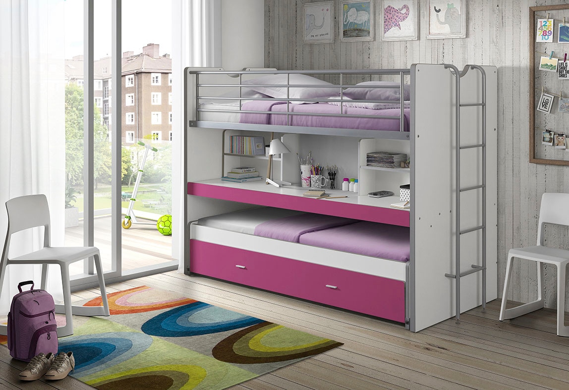 Image of Vipack Hochbett "Bonny, mit 3 Schlafgelegenheiten, super praktisch im Kinderzimmer" B/H/T ca. 222x161x102cm, Dekor Oberfläche, in verschieden Farben, mit grosser Schreibplatte, Regalfächern, viel Funktion auf kleinem Raum