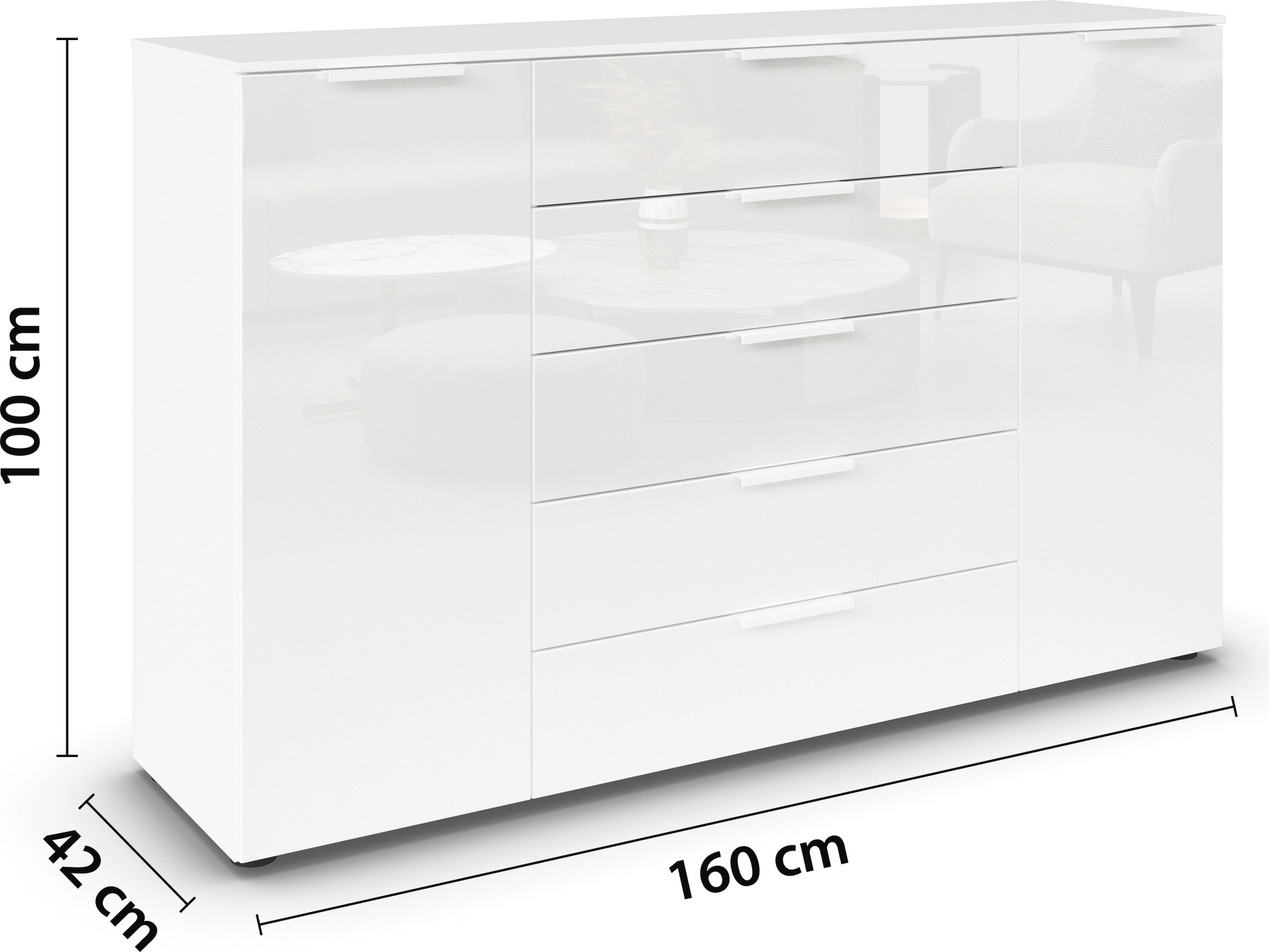 rauch Commode à tiroirs »Kommode Türkommode Sideboard Kombikommode FLIPP mit Glasfront« Largeur 160/180 cm avec 4 étagères,  2 portes avec 5 tiroirs et fermeture douce, 2 largeurs MADE IN GERMANY
