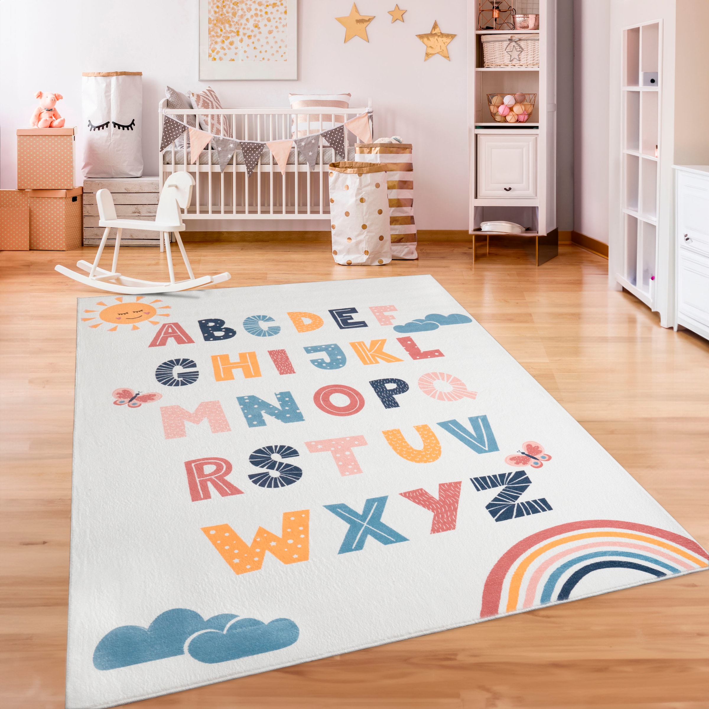 Image of Paco Home Kinderteppich "Eliz 394" rechteckig 12 mm Höhe Kurzflor, Spielteppich, Motiv Alphabet & Regenbogen