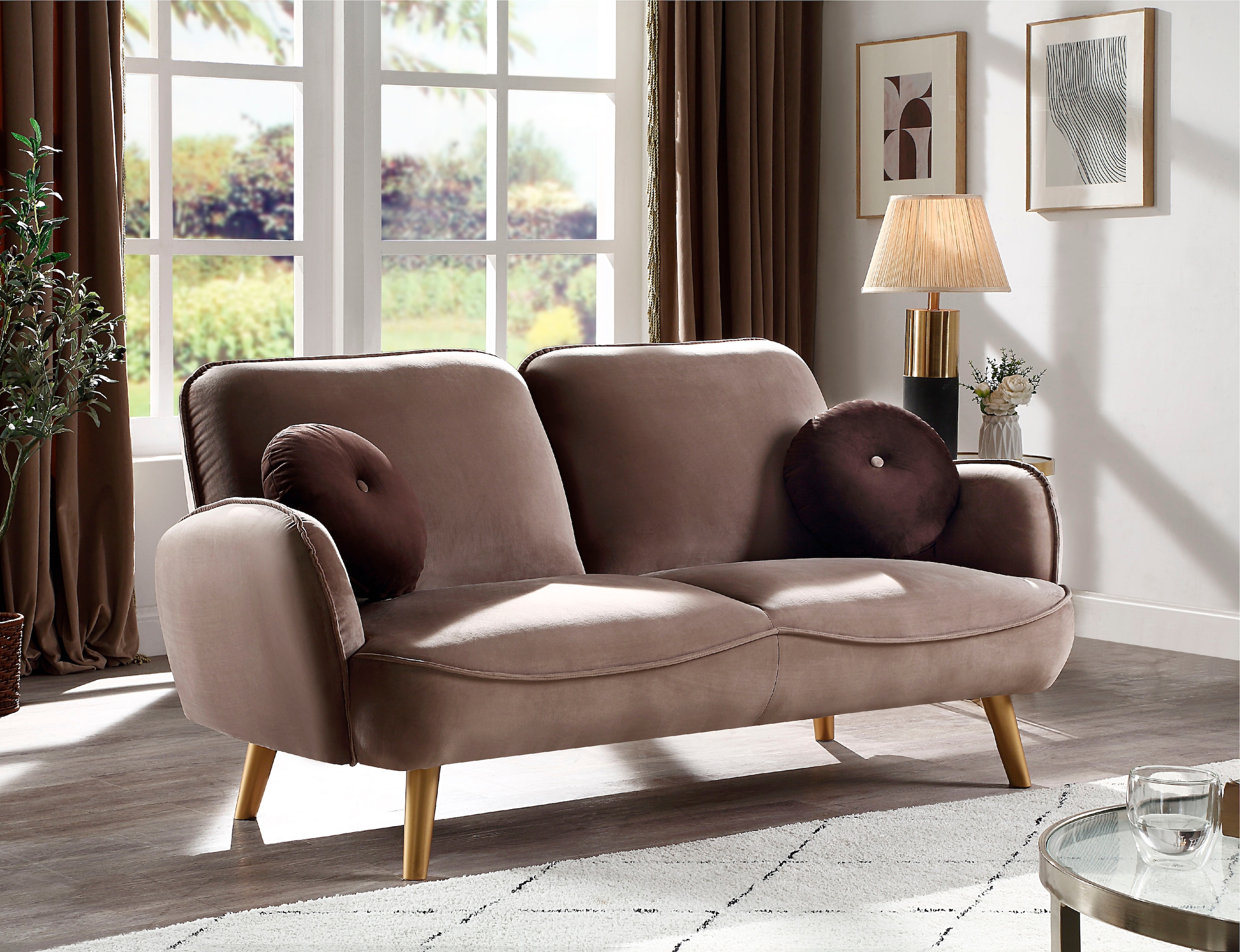 ATLANTIC home collection 3-Sitzer »Ben«, mit Welleunterfederung,inkl. 2 Dekokissen, goldfarbenenen Massivholzfüssen