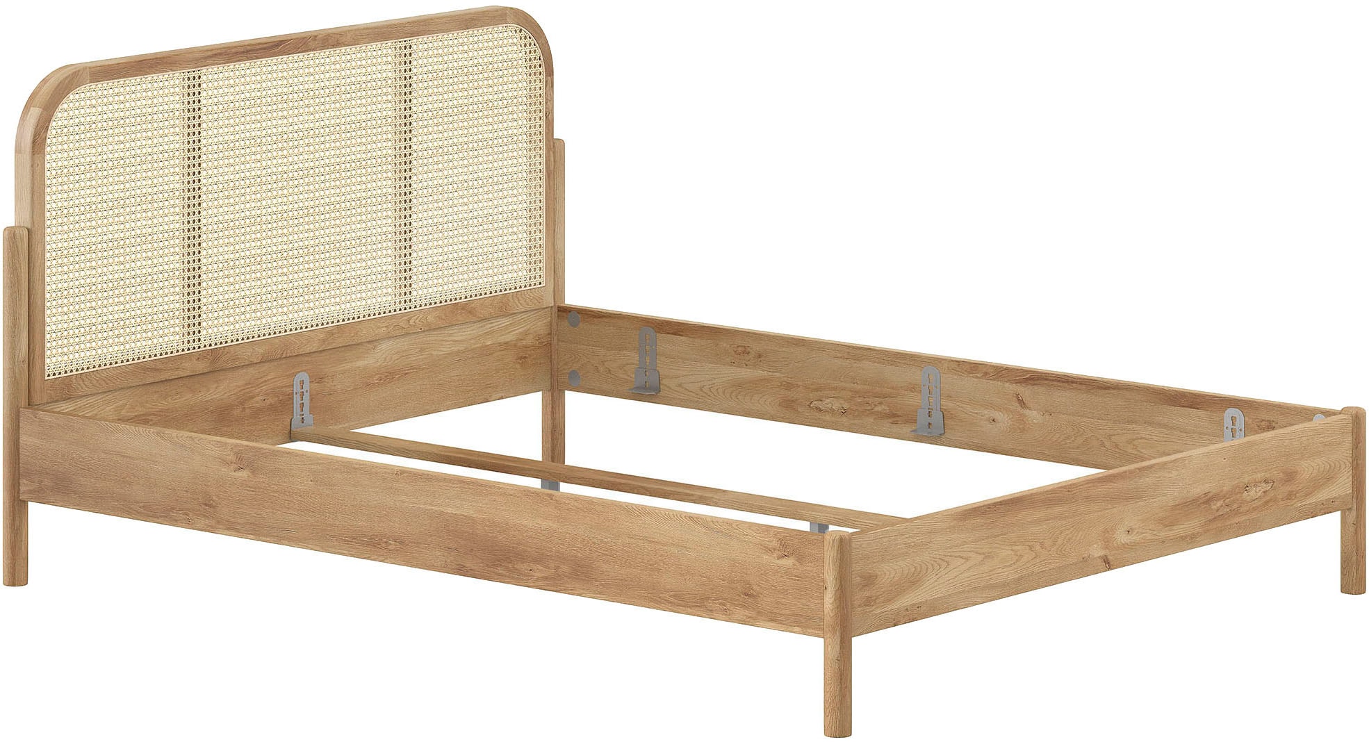 Vipack Bettgestell »Olive, Bettpfosten Eiche massiv und furnierten Bettseiten« mit hochwertigem Rattan-Geflecht Kopfteil, Rahmen Eiche massiv,  ohne Lattenrost, mit höhenverstellbarem Rahmenbeschlag, drei Breiten