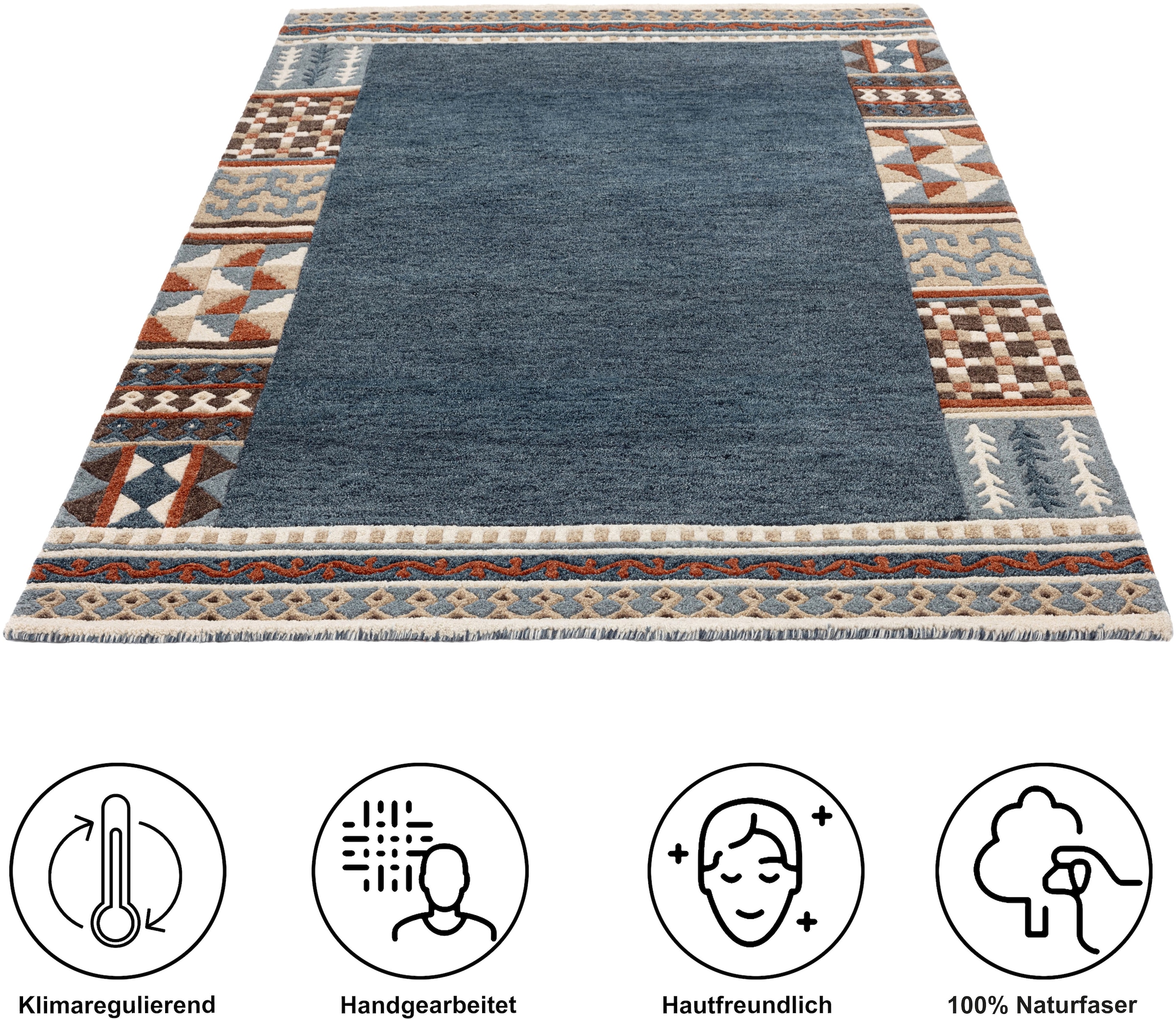 THEKO Tapis en laine »Nuno, reine Wolle,  Handgefertigt, mit Bordüre« Rectangulaire 14 mm Höhe handgetuftet, Wohnzimmer, Schlafzimmer, Esszimmer, auch als Läufer
