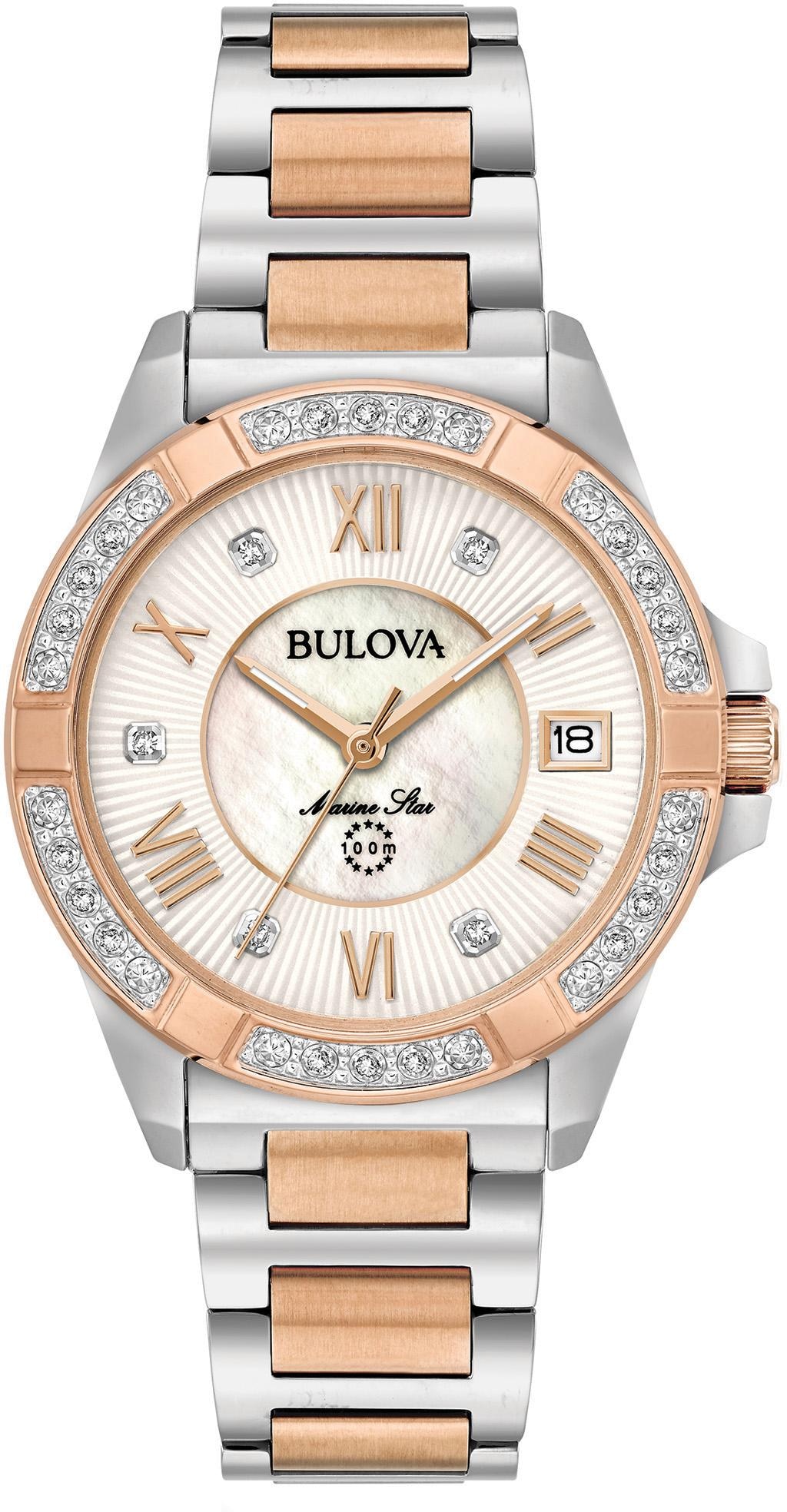 Bulova Quarzuhr »Marine Star«, Armbanduhr, Damenuhr, Edelstahlarmband, mit Diamanten, Saphirglas