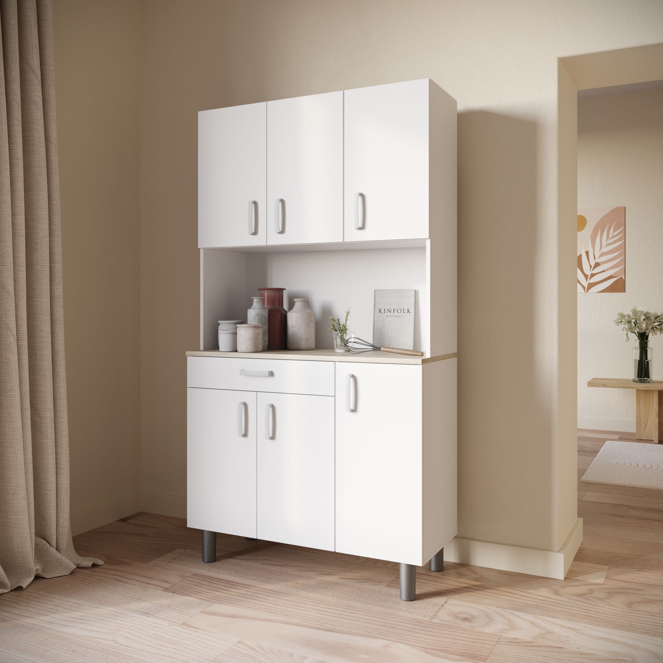 Miroytengo Mueble Auxiliar Cocina, Armario Cocina, Alacena Cocina Buffet 6 Puertas Blanco y Roble Kronberg 101x185 cm