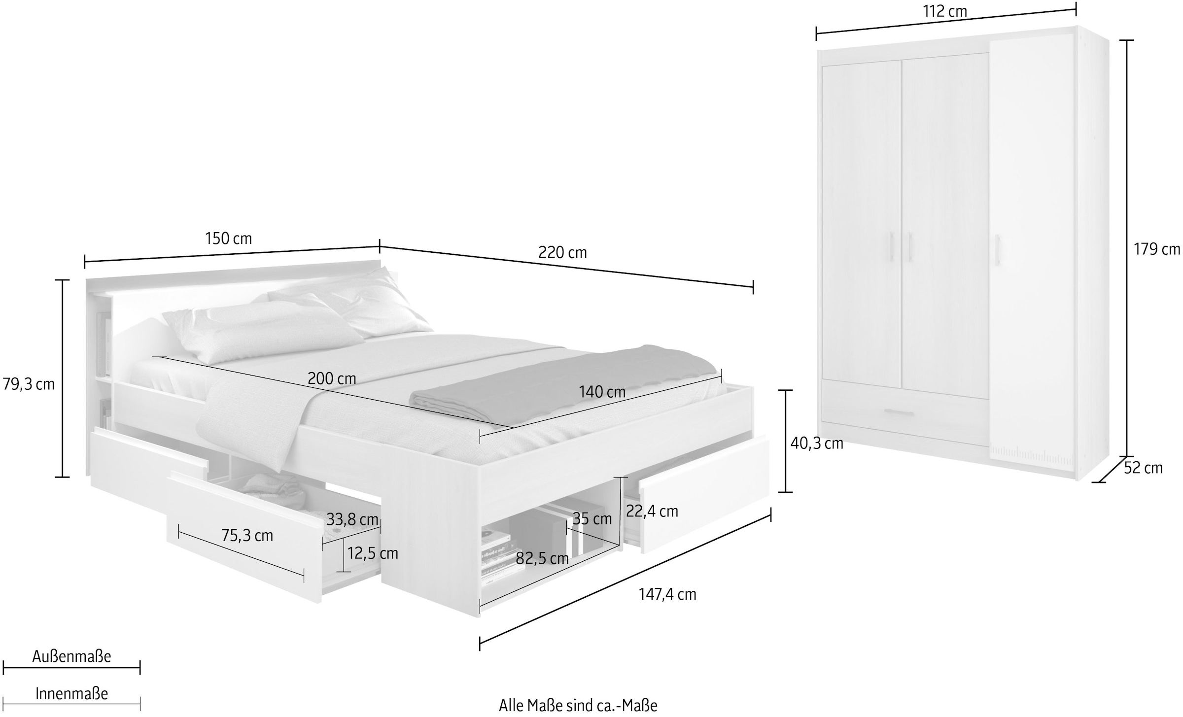 Parisot Jugendzimmer-Set »Most«, (Set, 2 tlg., Bett mit Schubkästen und Kleiderschrank)