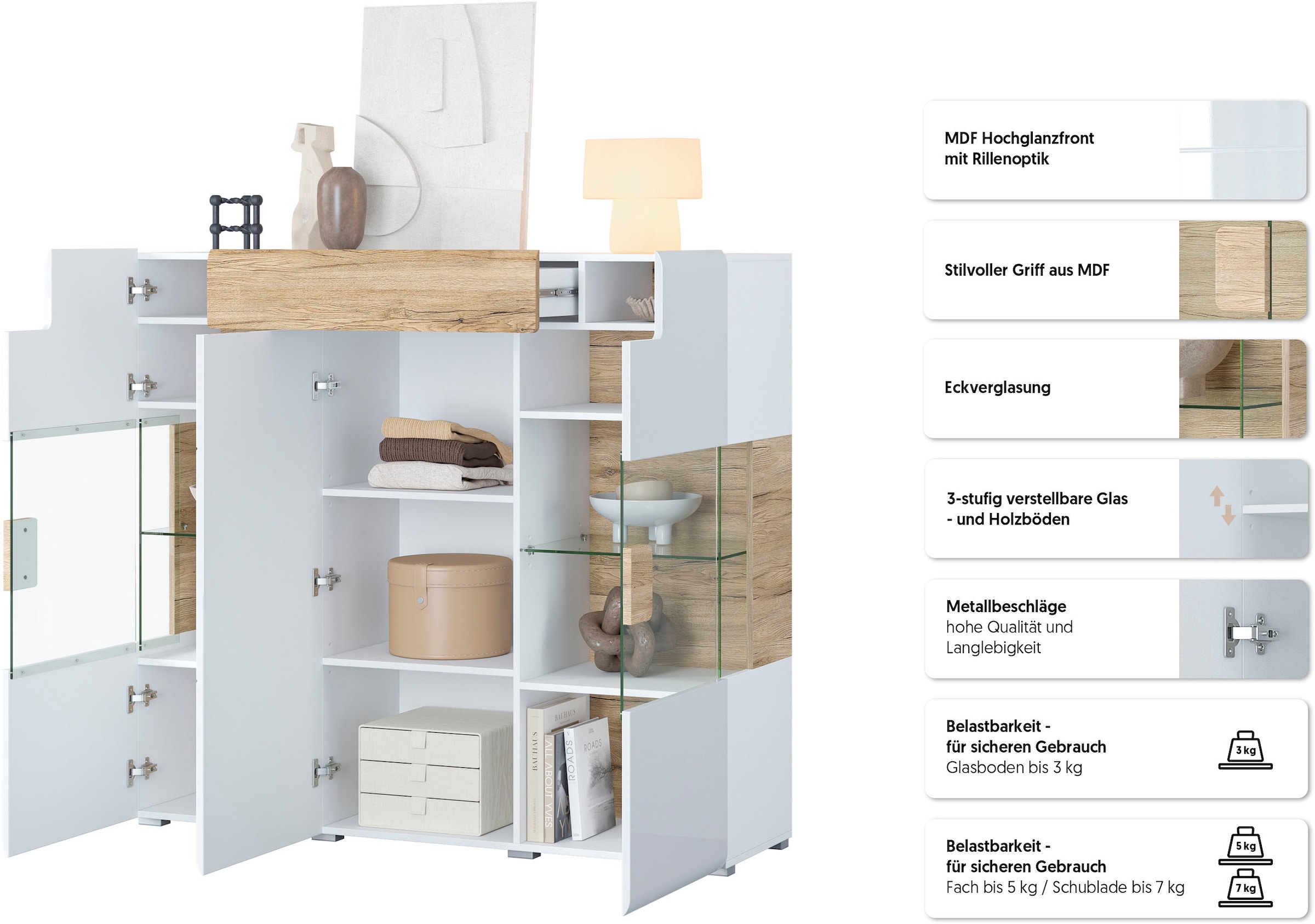 GOODproduct Buffet haut »Toledo,Breite 147,5cm,trendige Hochkommode mit 3Türen und Schublade« Armoire haute avec parties en verre, façades laquées brillantes stylées