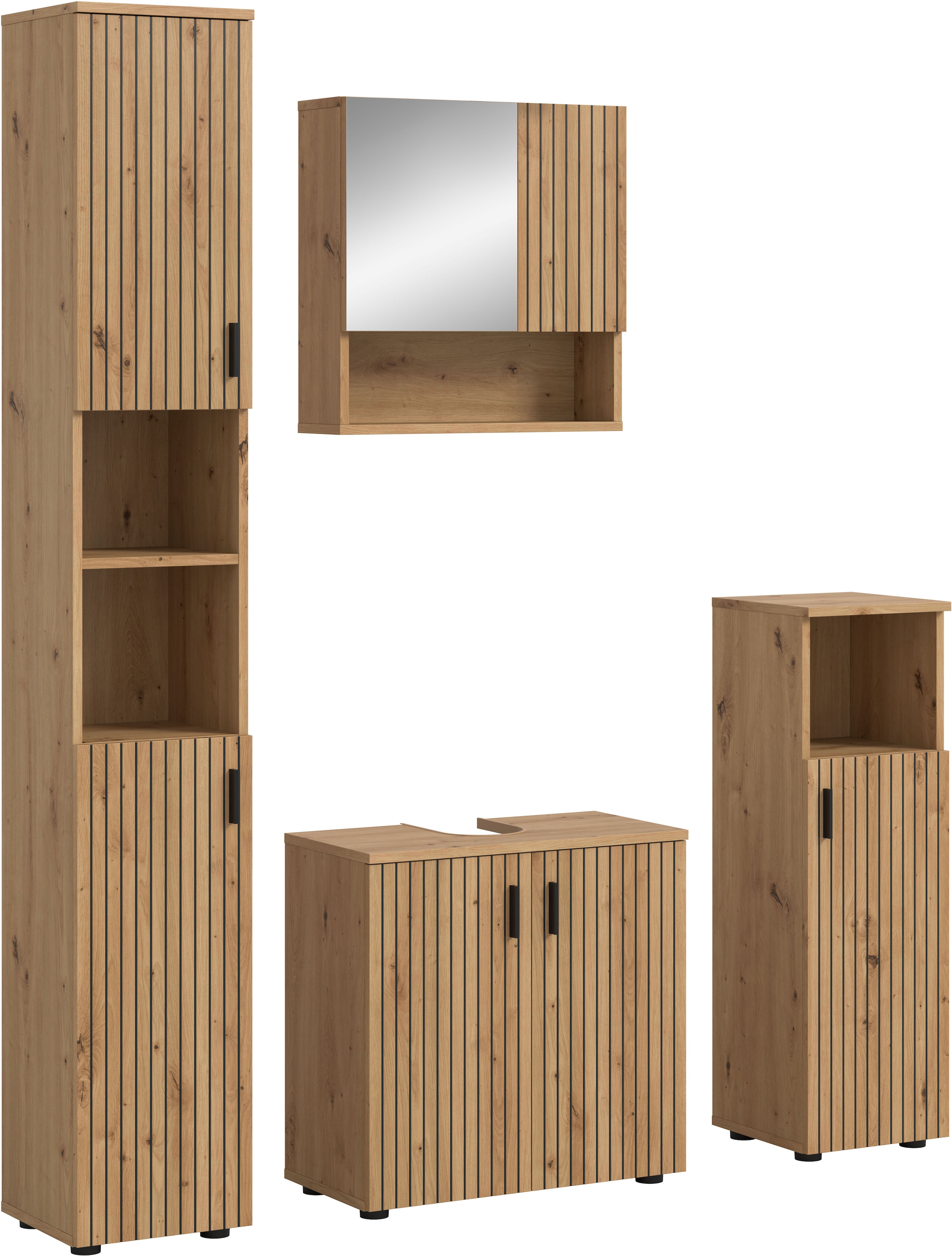 welltime Badmöbel-Set »MANI, 4-tlg. Badkombination, Paneeloptik« Set, Set, best. aus: 1Badschrank, 1WBU, 1 Spiegelschrank, 1 Badschrank, 4 Stk. tlg.