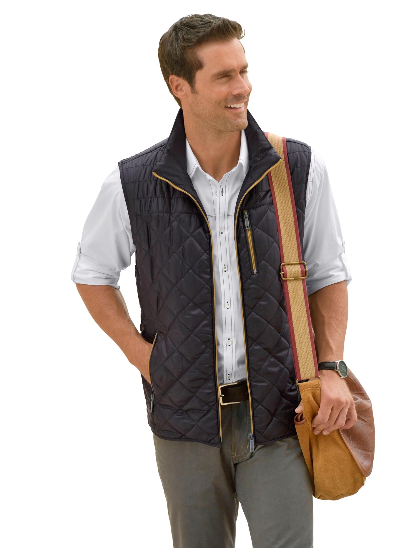 Steppweste mit curryfarbenen Paspeln und petrolfarbenem Futter