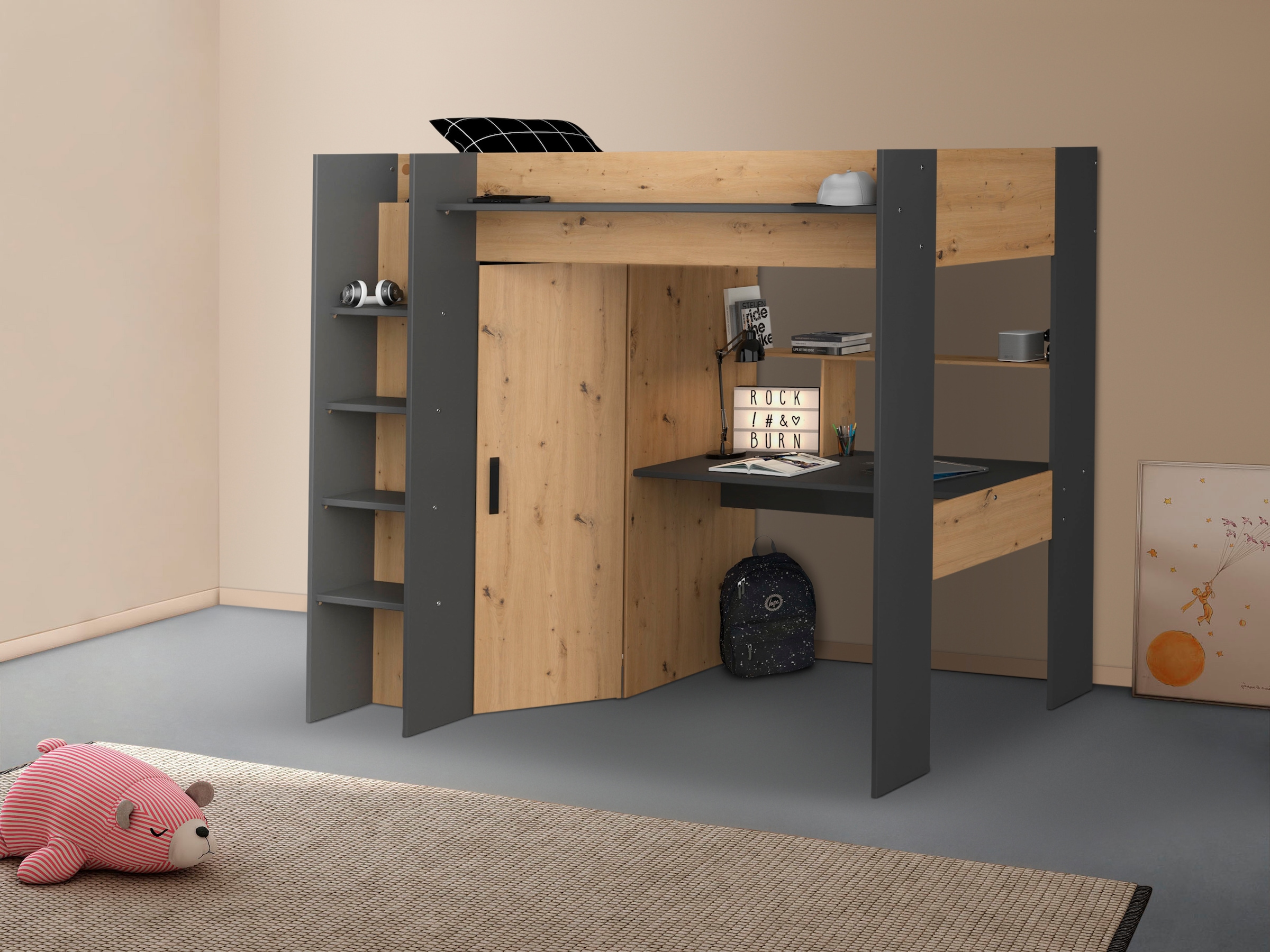 Hochbett »Heavy«, ALL-IN-ONE, mit Kleiderschrank, Schreibtisch, Leiter, Stauraum