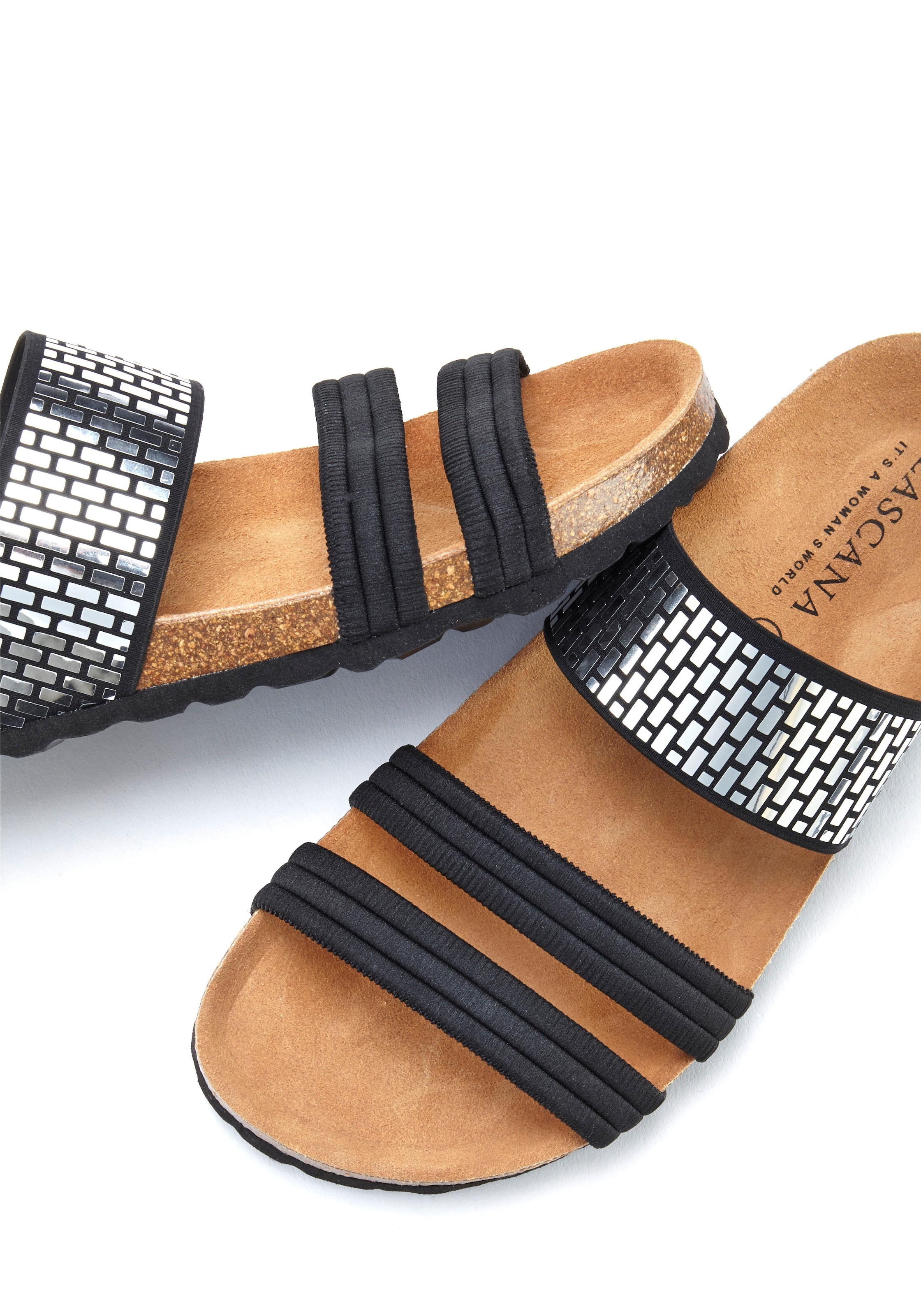 LASCANA Pantolette »Mule, Sandale, offener Schuh,«, mit Komfortkorkfussbett aus Leder und elastischen Riemchen