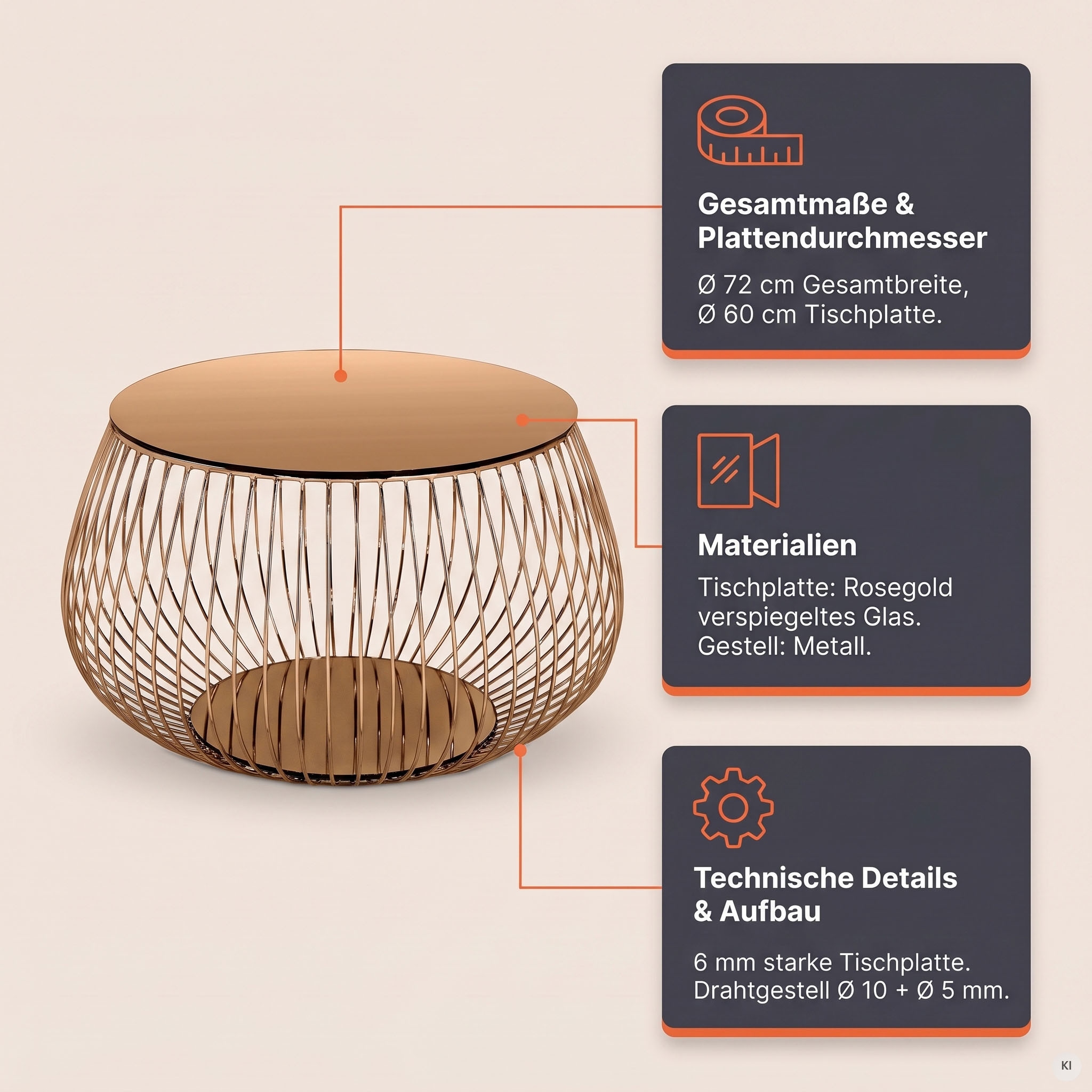 SalesFever Table basse »Coffeetable: Stilvolle Wohnzimmer-Ergänzung« Élégance cristalline avec effet marbre, couleur or rose