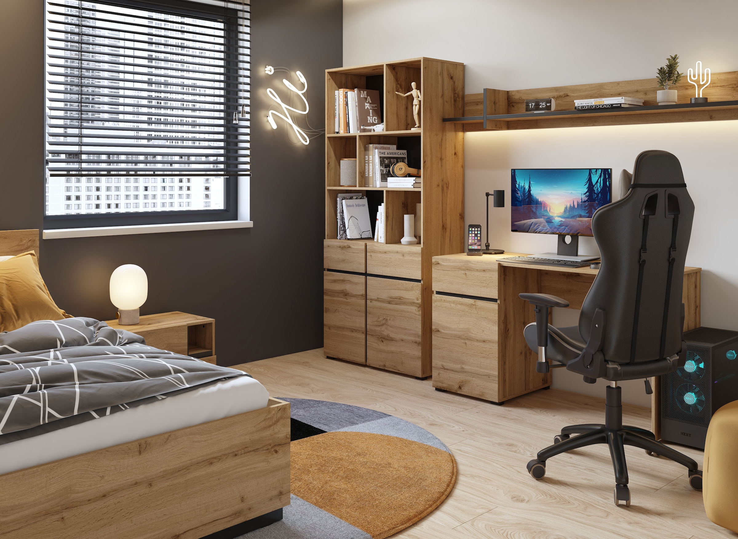GOODproduct Armoire de classement »Cross, Breite 85 cm, modernem grifflose Standregal, Bücherregal« Étagère avec 6 compartiments ouverts, 2 tiroirs et 2 portes, étagère de bureau