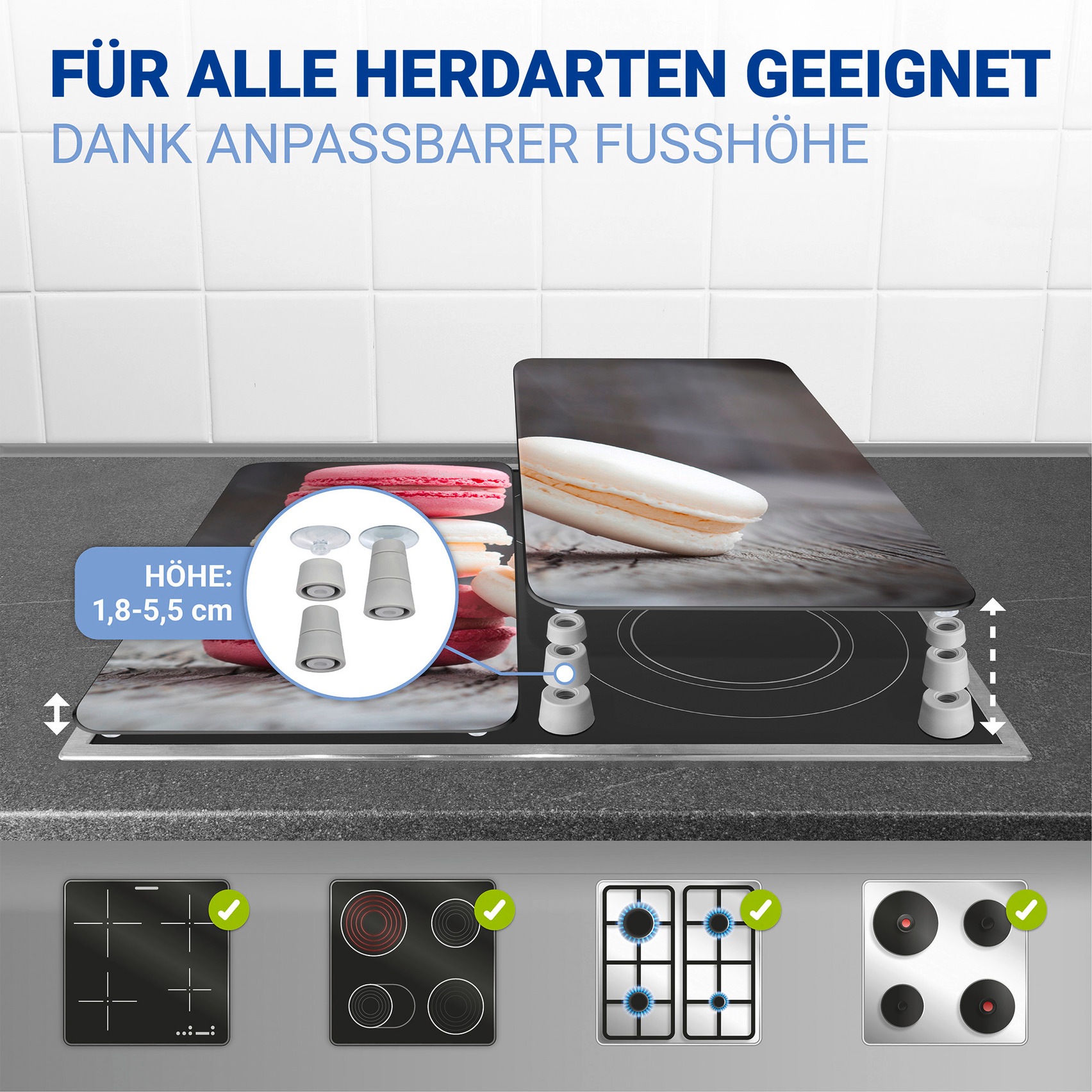 WENKO Herd-Abdeckplatte »Universal Modell Macarons«, (Set, 2 tlg.), Herdabdeckung für alle Herdarten, kratzfest, mit rutschfesten Füssen