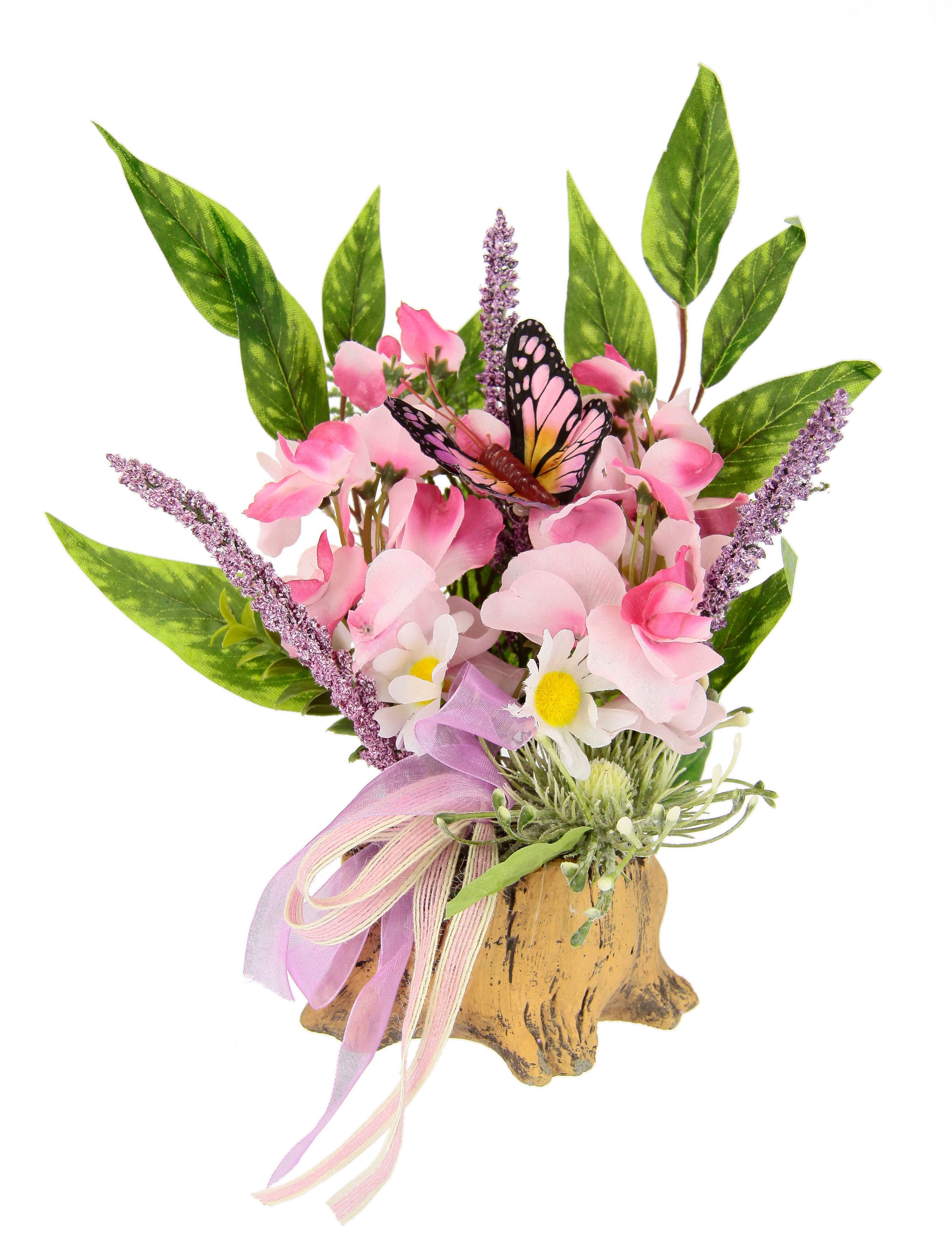 Kunstpflanze »Orchideen, Gänseblümchen, Schmetterling und Schleife«, 23 cm