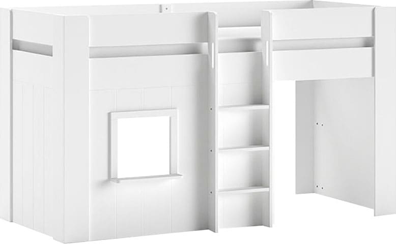 Image of Vipack Hochbett "Reno, ein tolles Hüttenbett mit hoher Standfestigkeit, weiss lackiert" B/H/T ca. 206x120,1x105cm, Leiter mittig, Fenster und Absturzschutz, inkl. Rolllattenrost, Rückseite offen und Spielfläche unter dem Bett