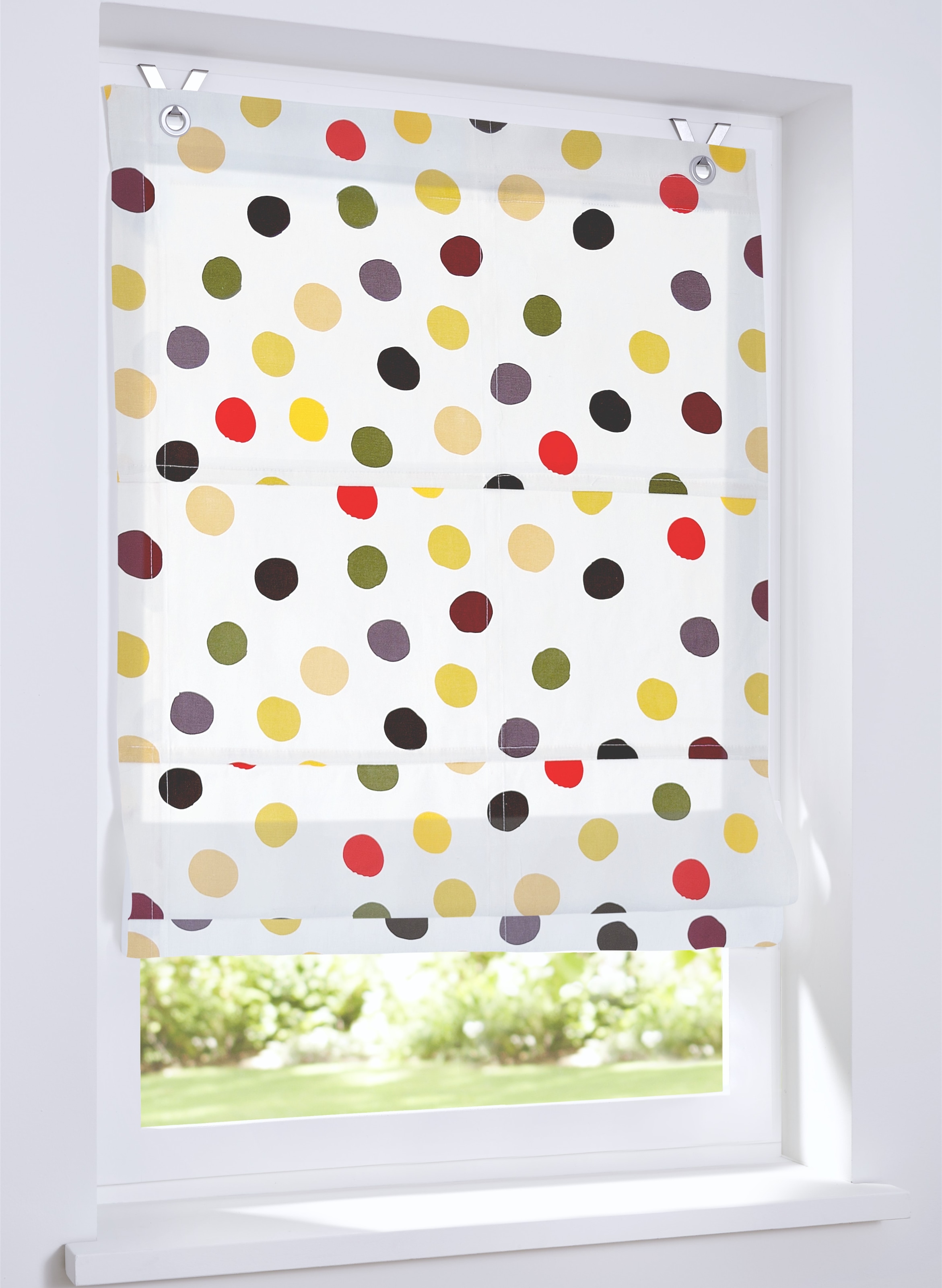 Image of Kutti Raffrollo "Dots" mit Hakenaufhängung ohne Bohren freihängend Baumwolle Kinderrollo bunte Punkte
