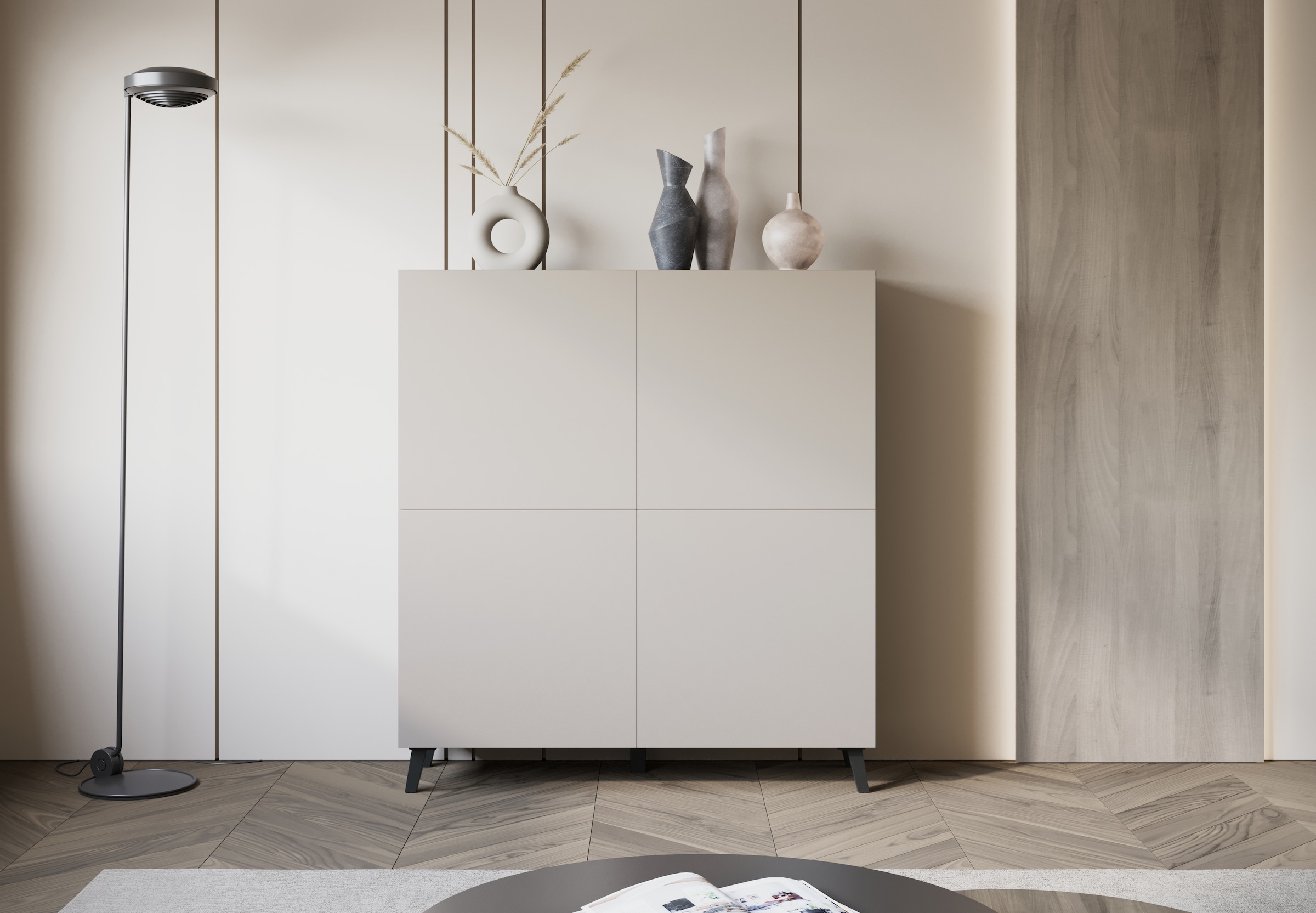 Home affaire Buffet haut »HIGHBOARD PHUKET II, Stilvolle, grifflose Hochkommode, Breite 120cm« Avec 4 portes et 8 compartiments avec étagères réglables en hauteur