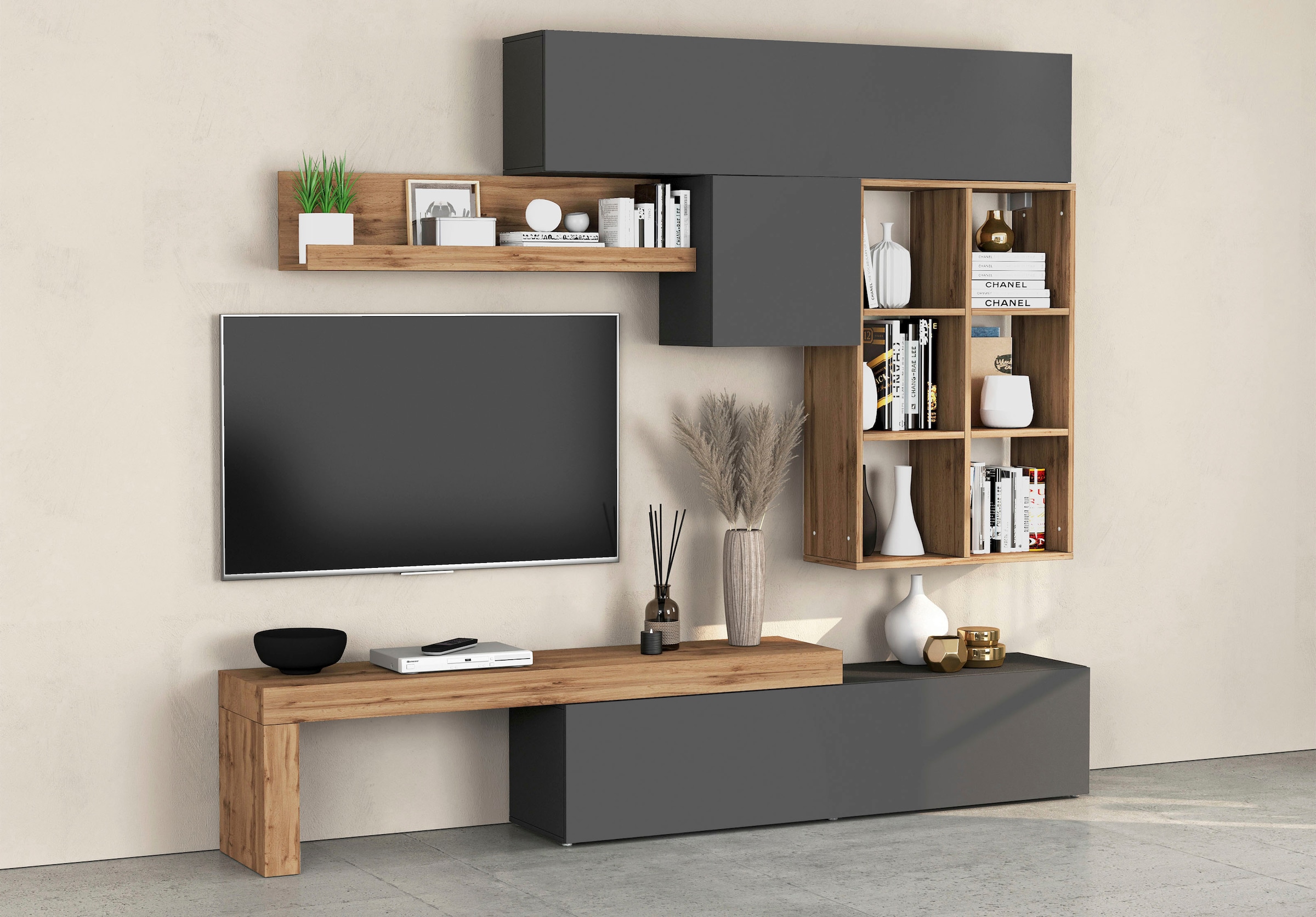 INOSIGN Wohnwand »Chronos Wohnwand, Medienwand, 5-er set«, (Set, 5 St.), ca. 270 cm mit Hängeschränke, Würfel, Regal, Lowboard, Made in Italy