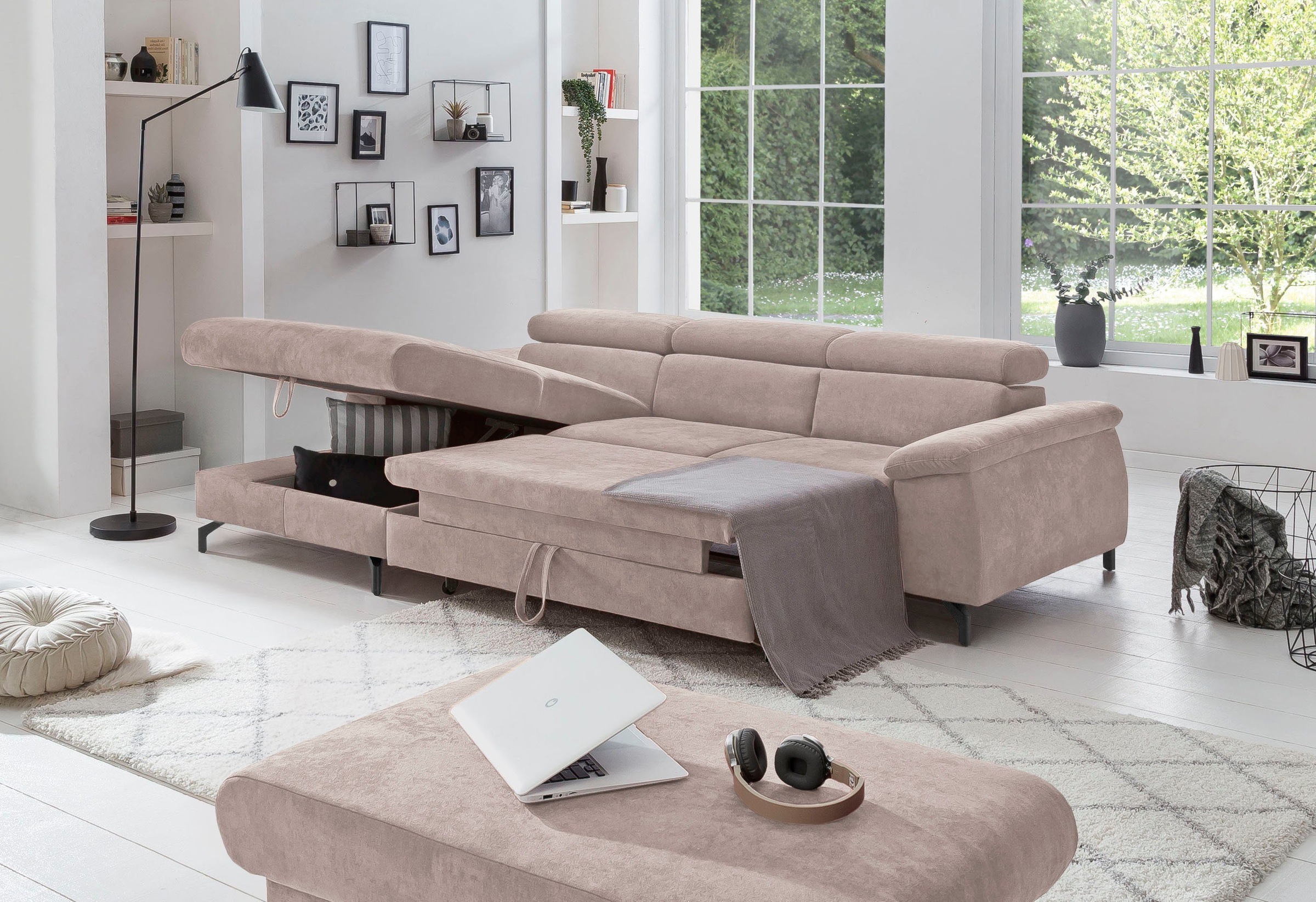 COTTA Polstergarnitur »Komaris L-Form«, (Set), Set bestehend aus: Ecksofa mit Kopfteilverstellung & Hocker