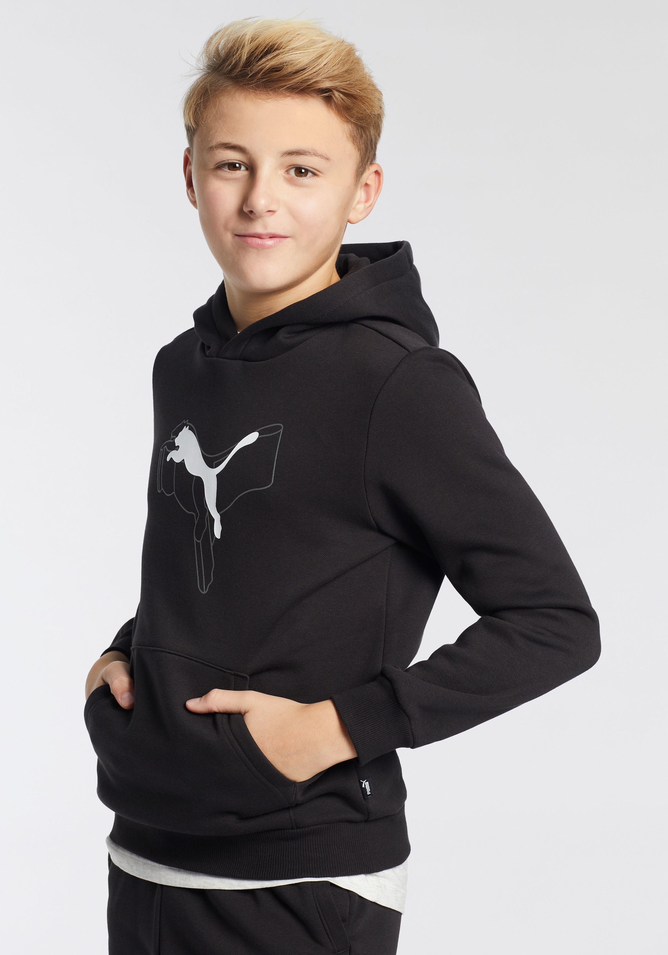 Image of PUMA Kapuzensweatshirt "ESS+ LOGO LAB CAT HOODIE FL B", mit Kapuze, mit Kängurutasche, für Jugendliche