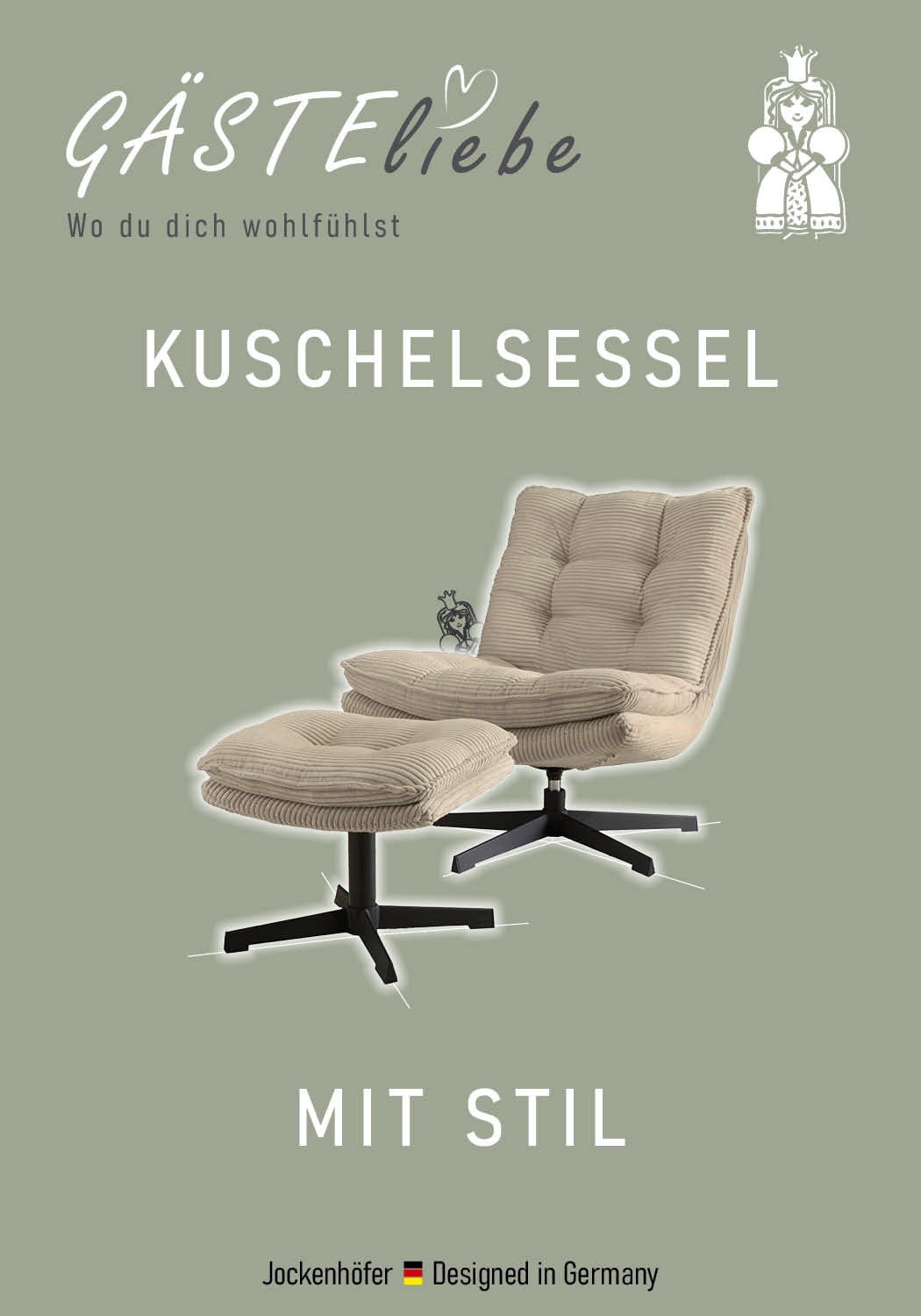 Jockenhöfer Gruppe Fauteuil de relaxation »Kasper, B: 76 cm, Sitzhöhe: 47 cm« Ensemble : avec tabouret, fonction pivotante à 360°, velours côtelé