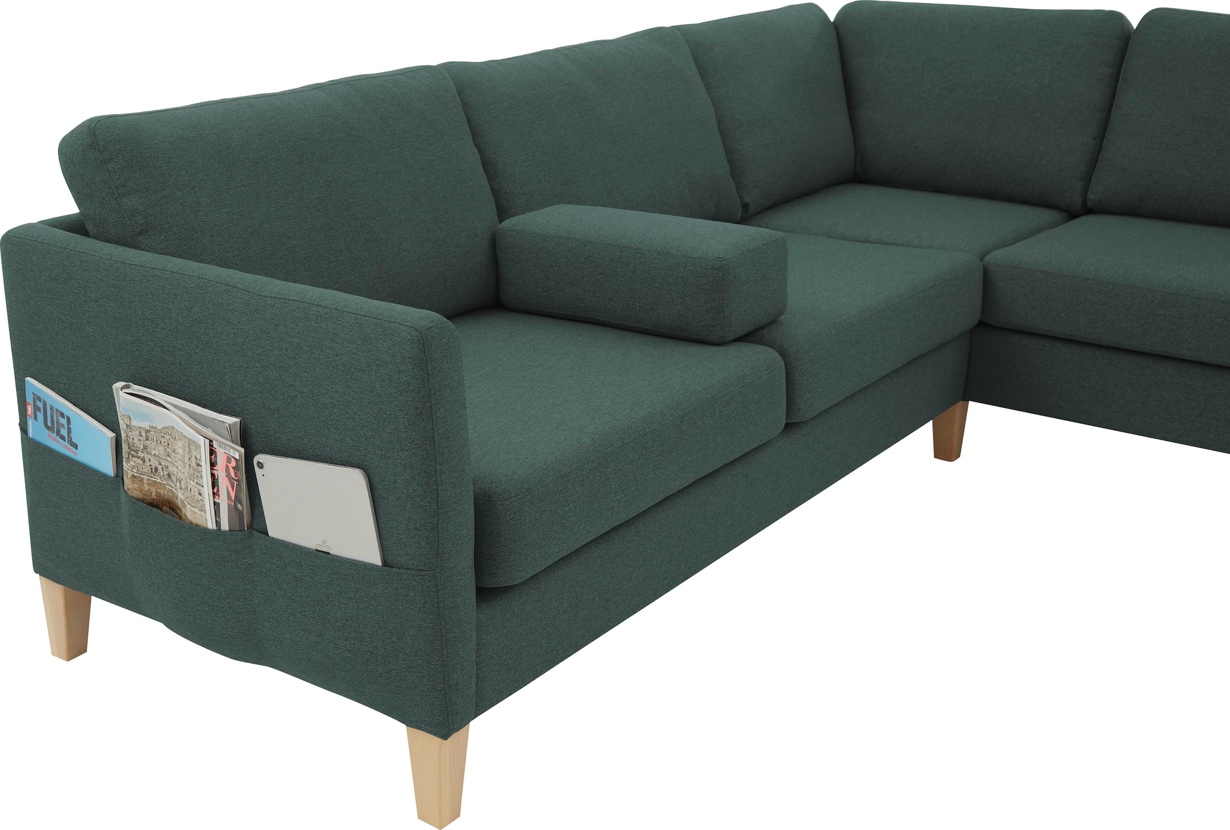 ATLANTIC home collection Ecksofa »Mailo L-Form«, mit Seitentaschen und Ottomane, mit Massivholzfüssen