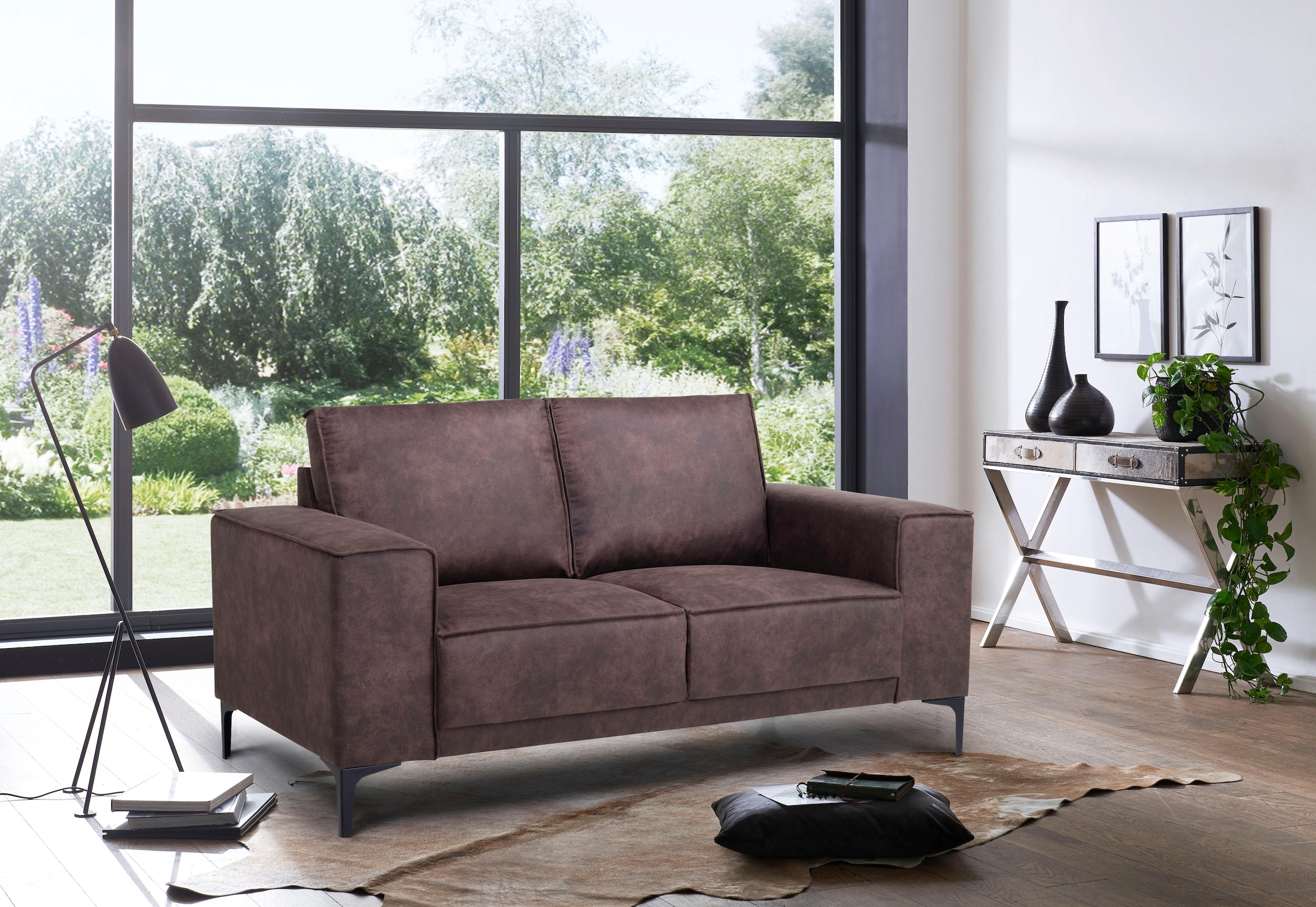 Places of Style 2-Sitzer »Kompaktsofa Oland, Struktur, Flachgewebe, Luxus-Microfaser, Boucle«, 164 cm, Wellenunterfederung, Skandi-Design, Metallfüsse