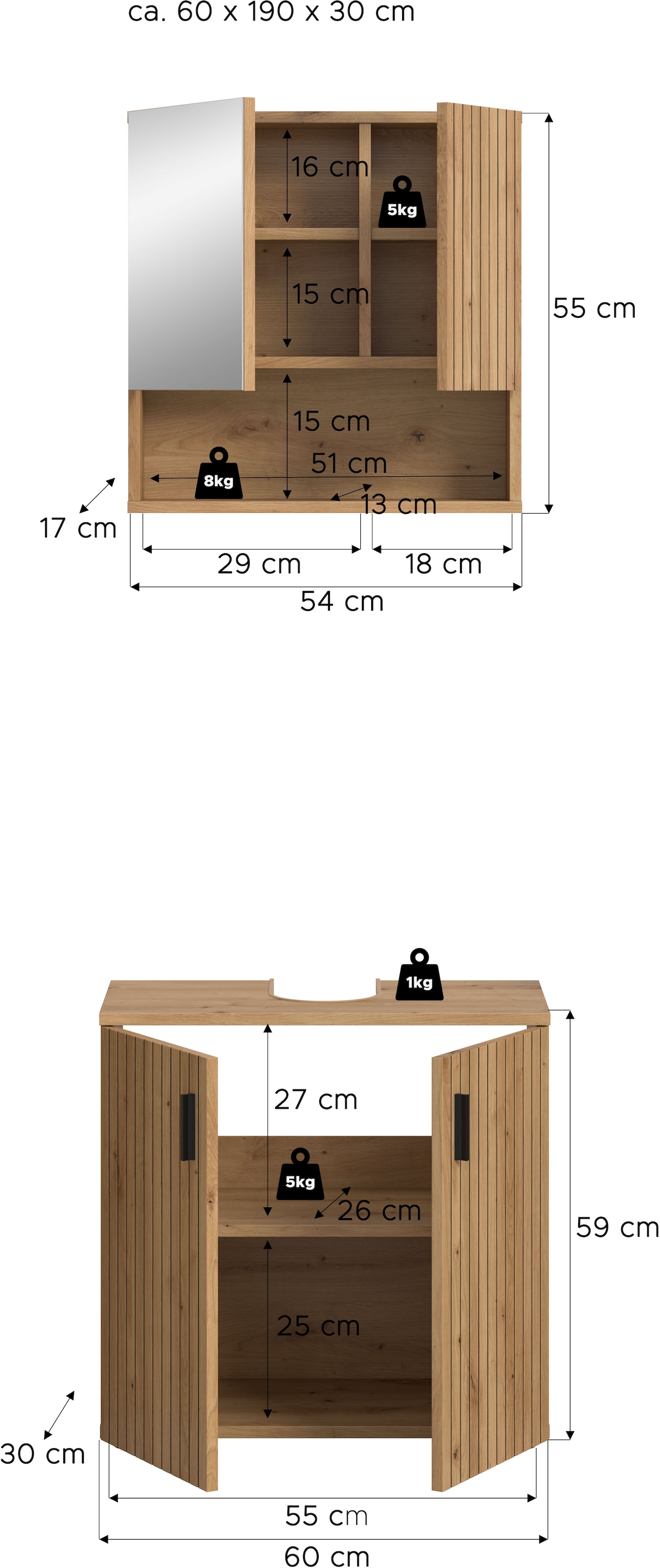 welltime Ensemble de meubles de salle de bain »MANI, 2-tlg. Badkombination, Paneeloptik« Set, Set, best. aus: 1 Spiegelschrank, 1 Waschbeckenunterschrank, 2 cuis tlg.