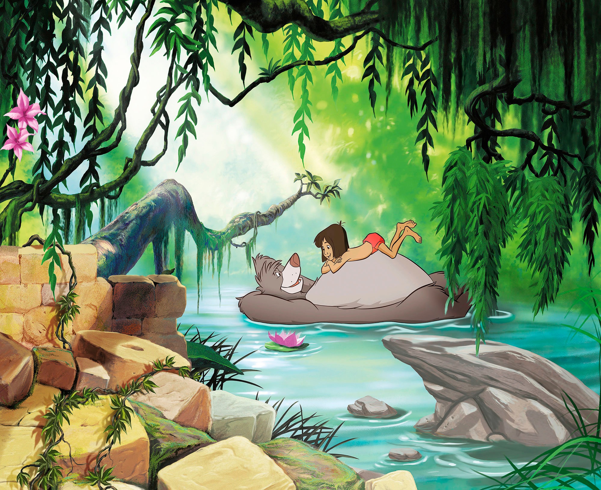 Image of Komar Fototapete "Jungle Book Swimming with Baloo - Grösse 368 x 254 cm" bedruckt glatt Kinderzimmer