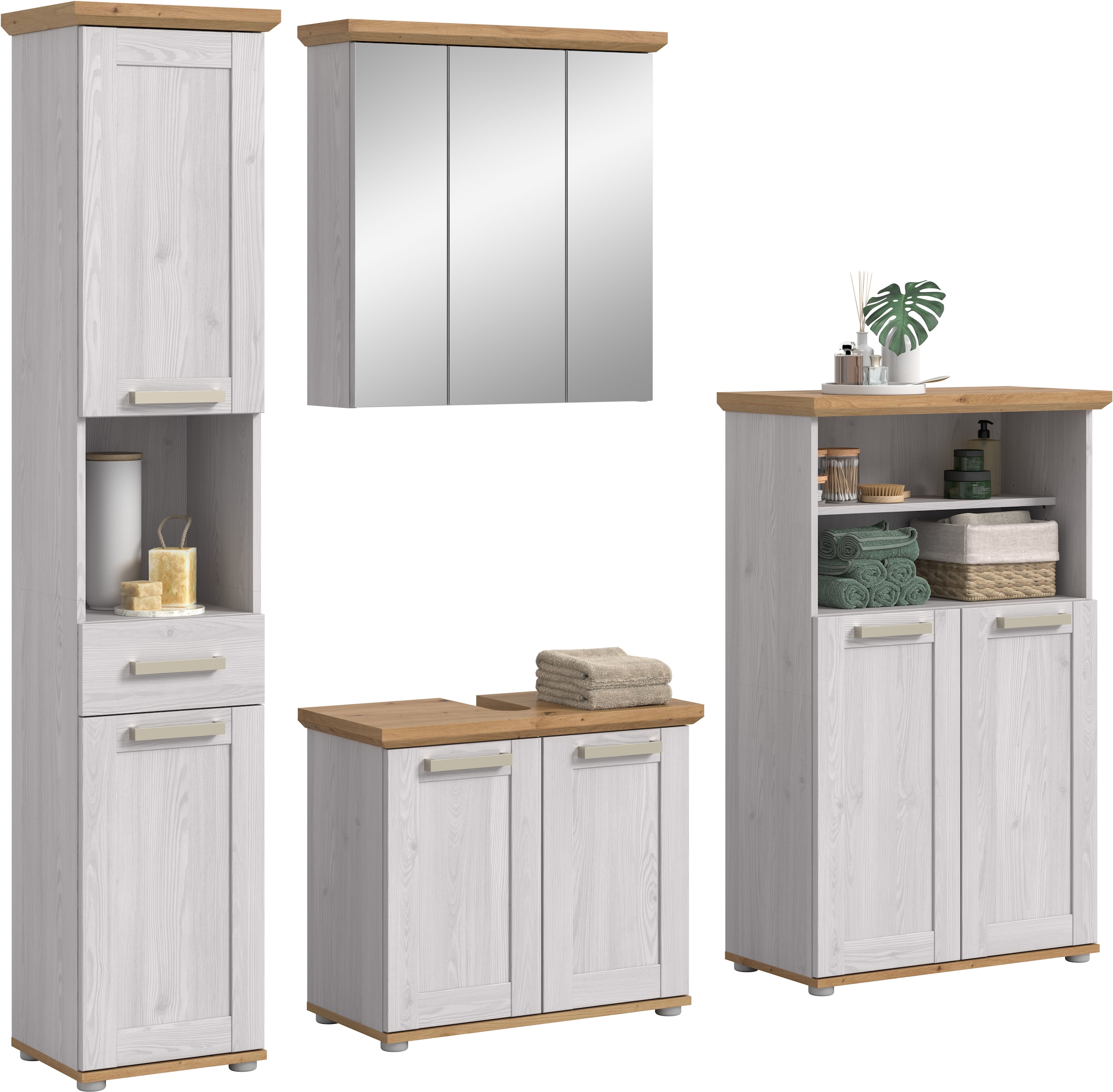 Image of welltime Badmöbel-Set "COSENZA" best. aus: 1Hochschrank, 1Spiegelschrank, 1WBU, 1Midischrank, 4 Stk. tlg.