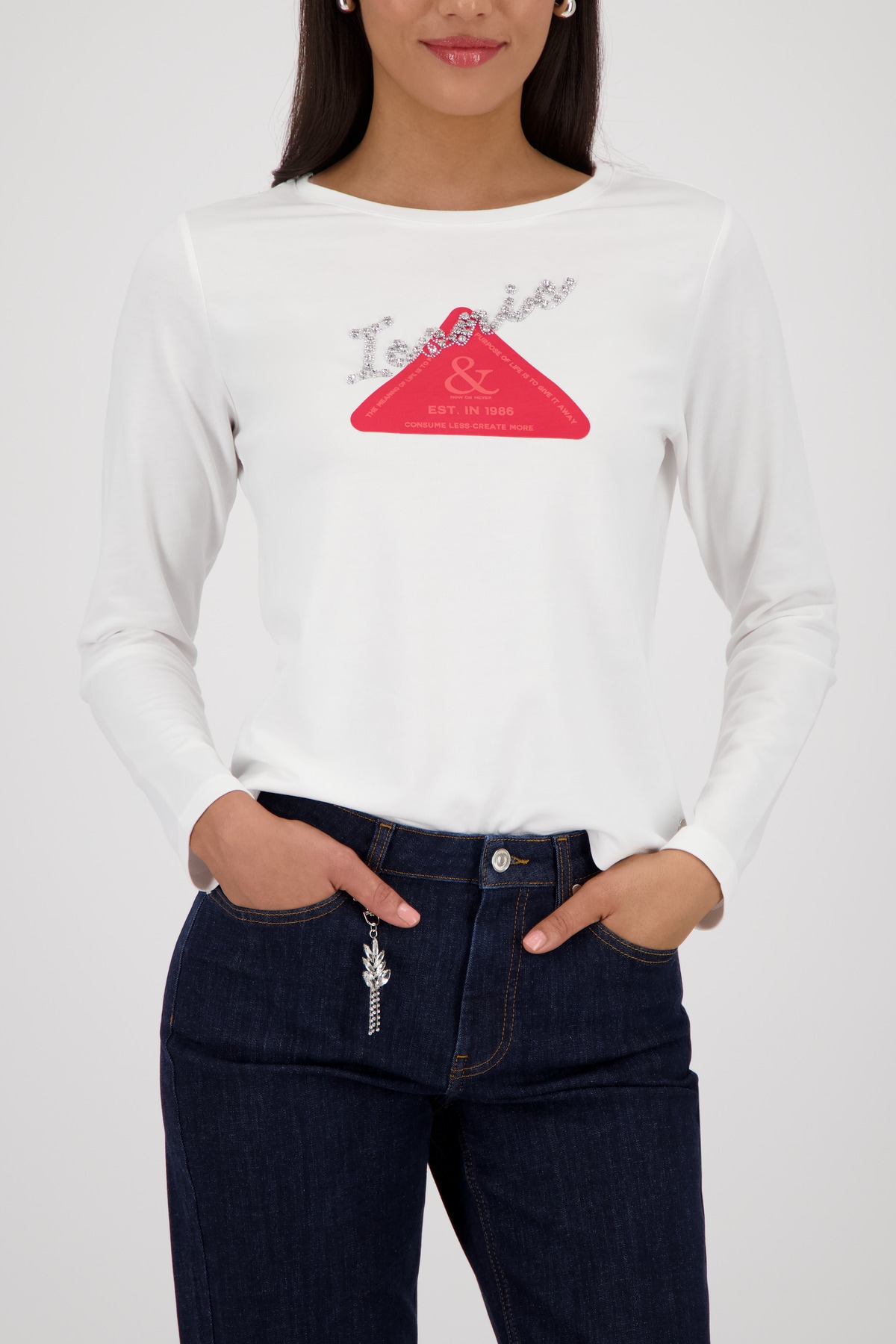 Image of Monari Langarmshirt "Shirt Emblem + Schmuck" Rundhalsausschnitt, Regular Fit, mit Strasssteinen