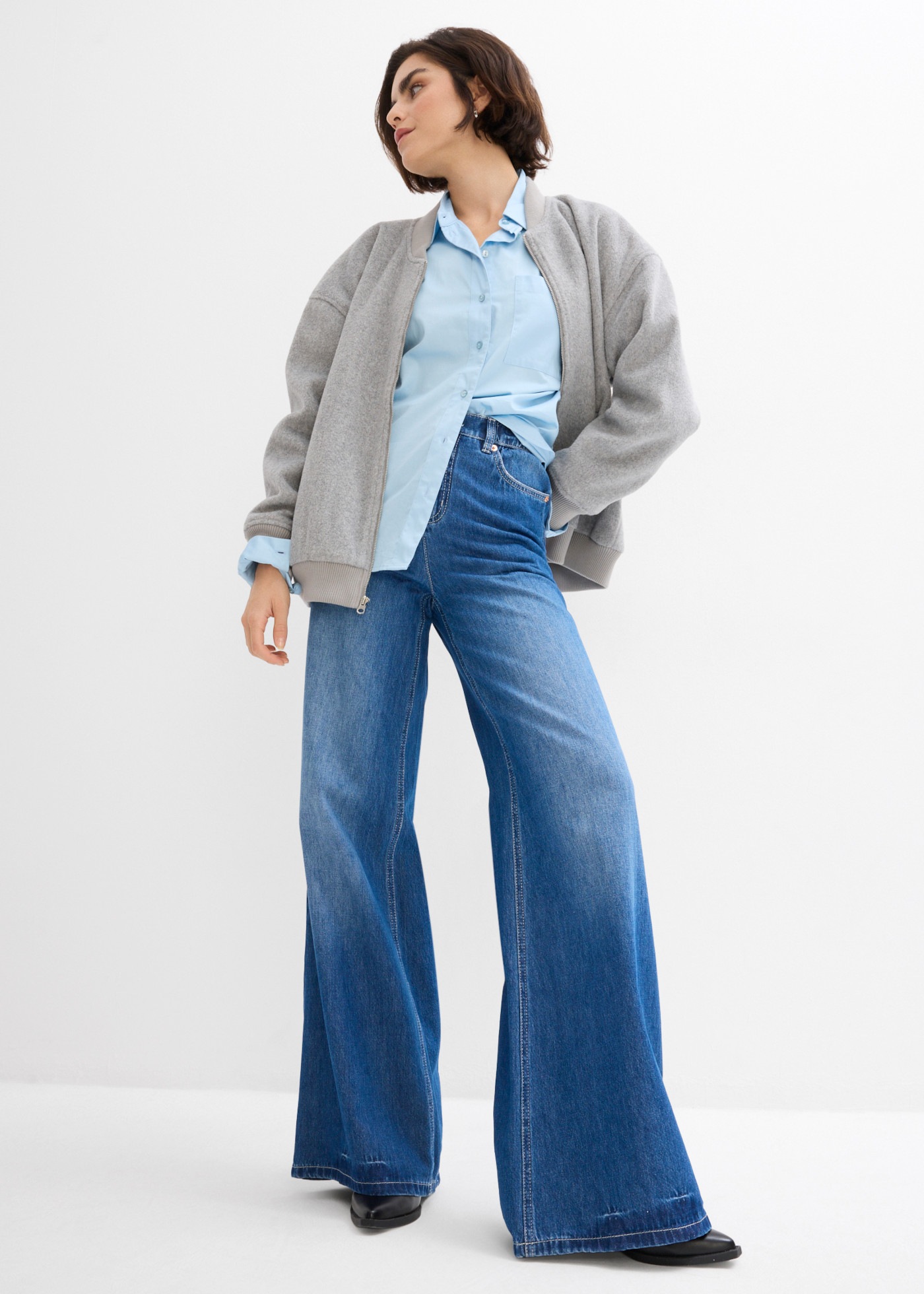 bonprix Weite Jeans weite Passform, 5-Pocket-Design, elastischer Bequembund, hohe Bundhöhe