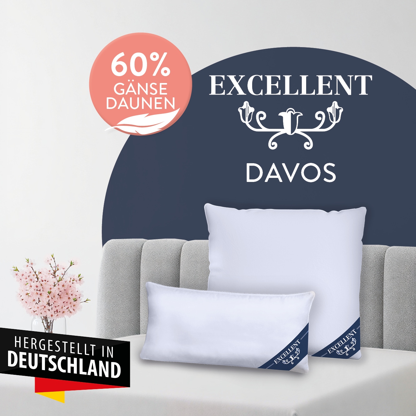 Image of Excellent 3-Kammer-Kopfkissen "Davos Dreikammerkissen in den Grössen 40x80 und 80x80 cm erhältlich." Füllung: 60%Gänsedaunen, 40% Gänsefedern (Aussenkammer) 1 Stk. tlg. hergestellt in Deutschland, allergikerfreundlich