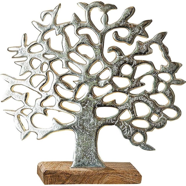 GILDE Dekoobjekt »Lebensbaum auf Holzbase, silber«, Höhe 46 cm, aus Metall,  Sockel aus Holz, Wohnzimmer