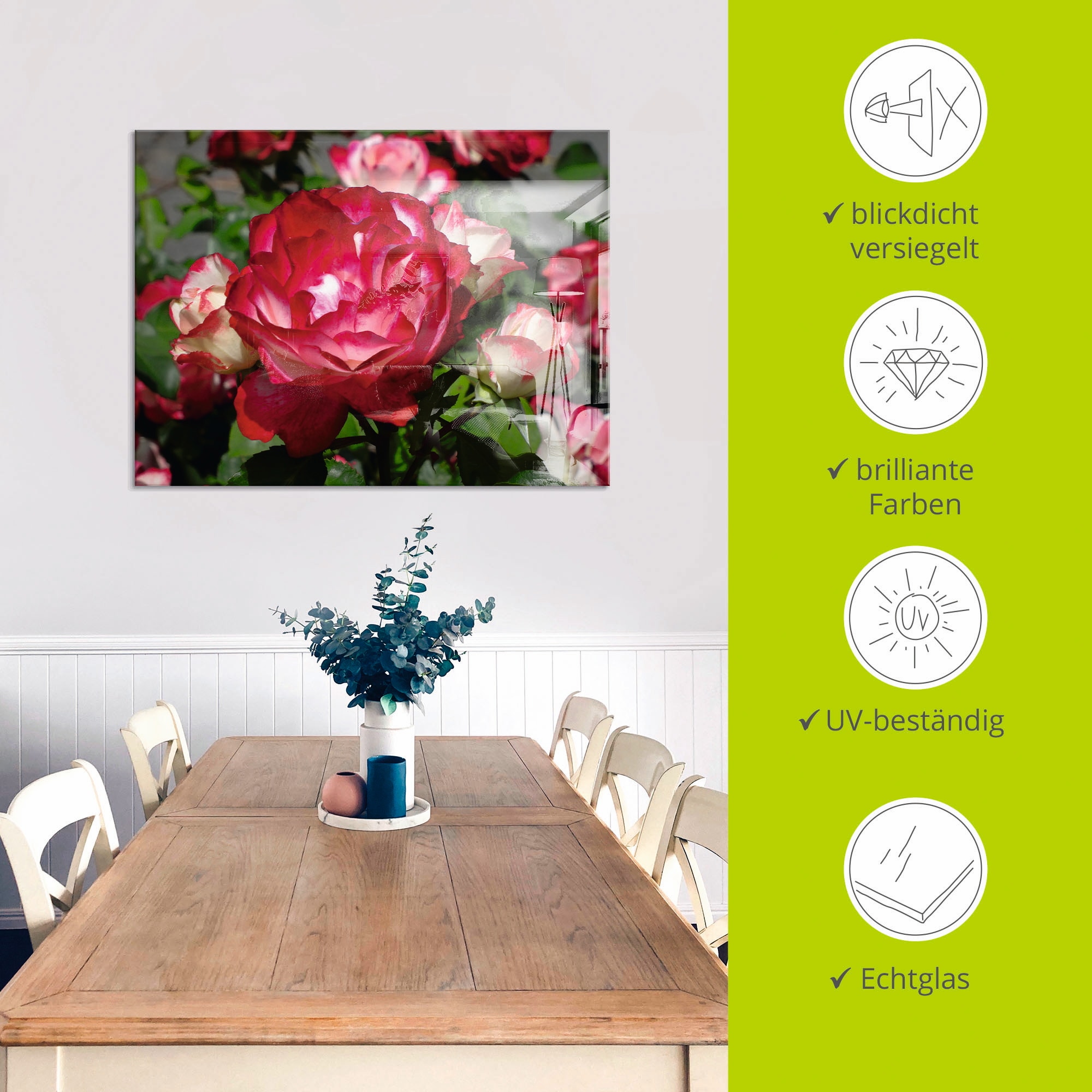 Artland Glasbild »Rot weisse Rosenblüte«, Blumen, (1 St.), in verschiedenen Grössen