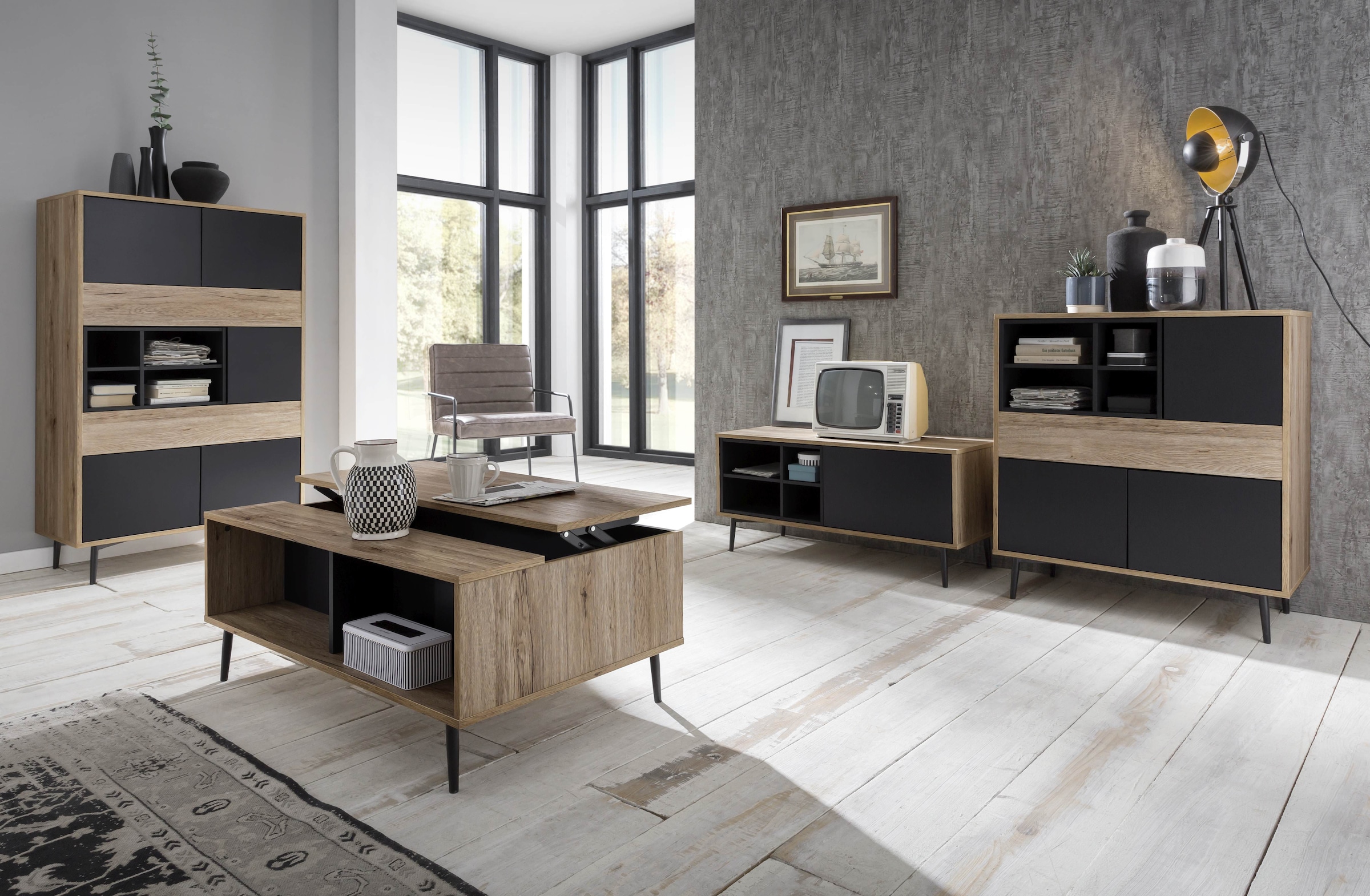 SIT Table basse »Kommode MAILBOX – Scandi‑Lowboard MDF mit Dekorfolie & Metallbeinen« meuble bas scandinave MDF avec film décoratif et pieds métalliques élégants